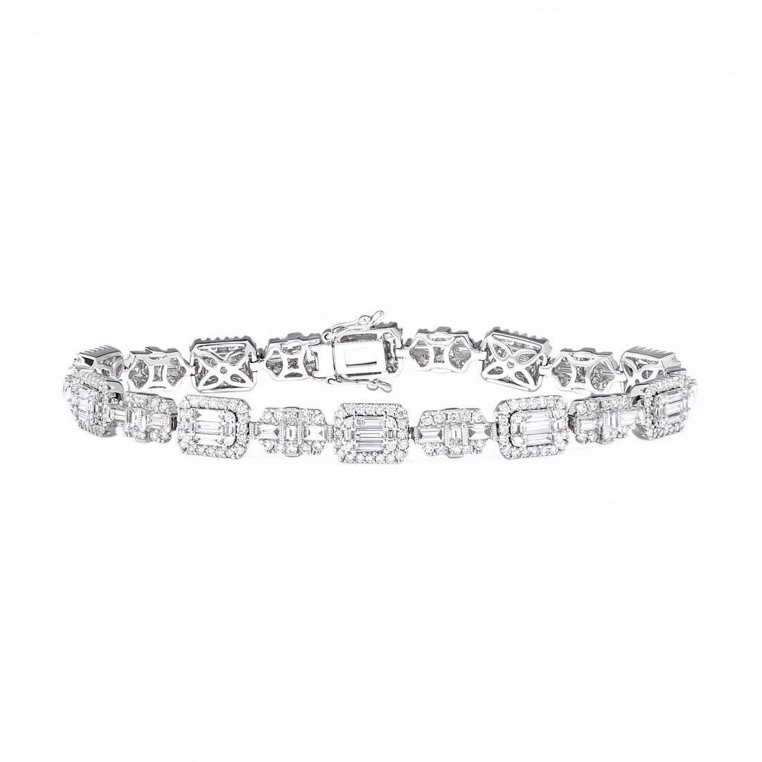 4.65 ctw Empress Baguette & Round Diamond 18K White Gold Bracelet: A vision of luxury, this breathtaking Baguette Link bracelet featuring White Diamond defines sophistication. Securely held in a classic Cluster/Halo Link design, the bracelet is forged from 19.4 g of 