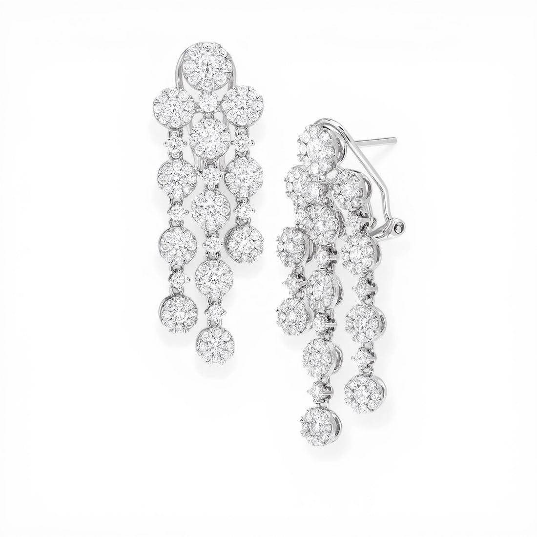 3.49 ctw White Diamond 18K White Gold Earrings: A symphony of light and color, this breathtaking Waterfall Cluster pair of earrings featuring White Diamonds embodies the pinnacle of luxury. The gemstones are nestled within a Cluster framework, supp