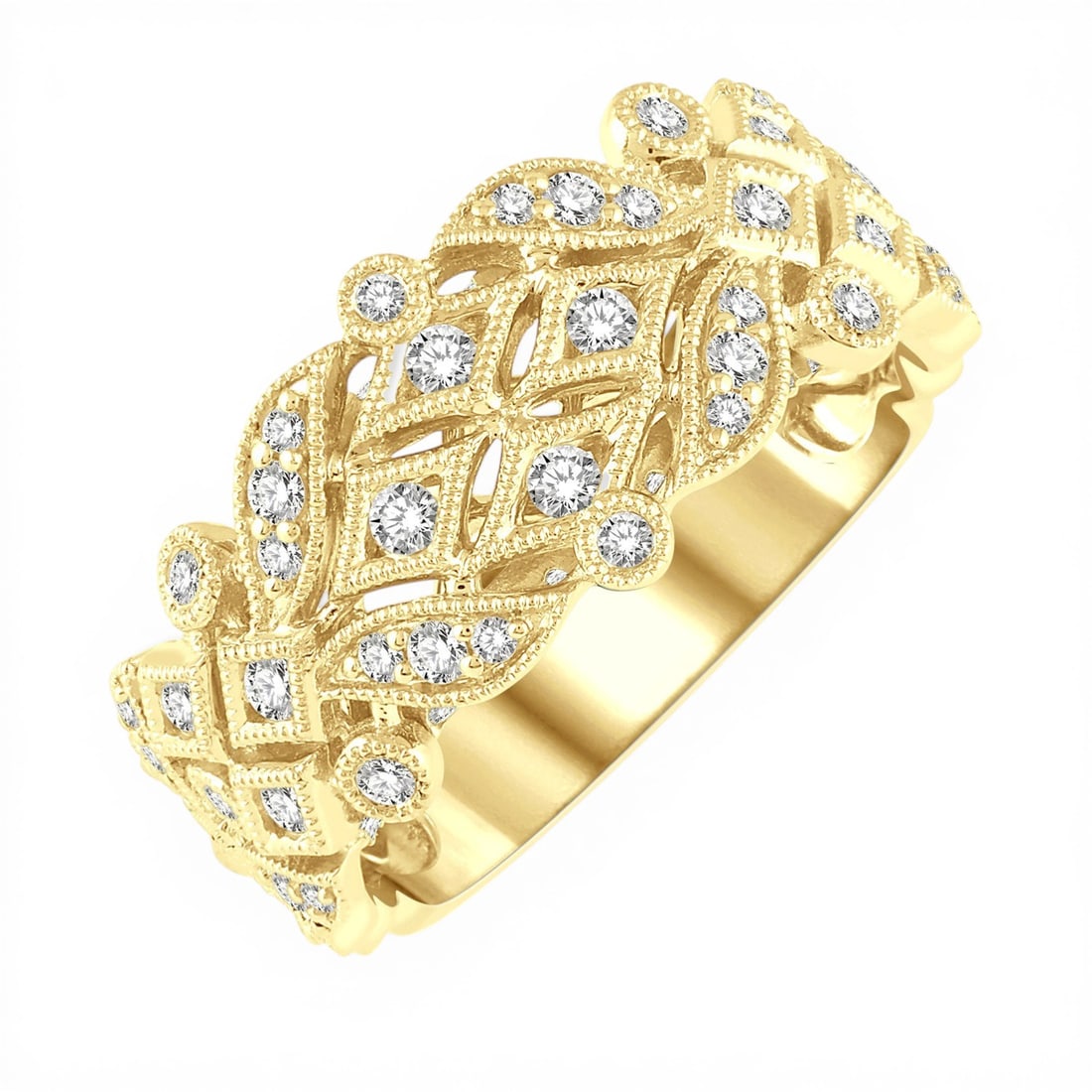 0.54 ctw Diamond Lattice Fashion 14K Yellow Gold Band Ring: Rare and radiant, this exquisite Lattice ring featuring Natural Diamonds offers a touch of the extraordinary. Crafted with precision, the Lattice/Filigree Band setting is seamlessly integrated into 5.