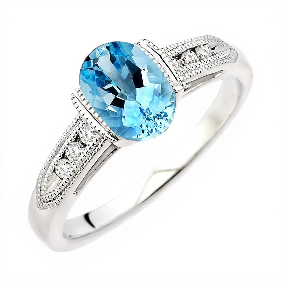 8x6mm Oval Aquamarine and 0.10 ctw Diamond 14K White Gold Ring: Exuding opulence and grace, this elegant Channel Set ring featuring Aquamarine, White Diamond is crafted for the distinguished. A detailed Bar gallery secures the stones, rendered in 2.75 grams of lus