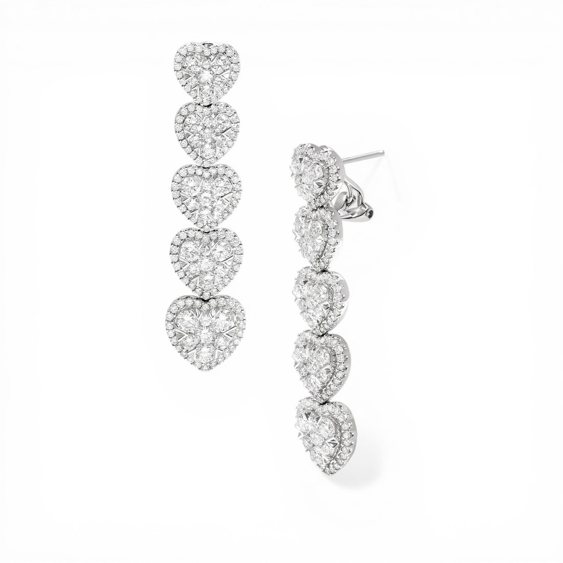 4.52 ctw Fiori Heart Cluster Diamond 18K White Gold Drop Earrings: A vision of luxury, this breathtaking Fiori Heart Graduating Drop Cluster pair of earrings featuring Natural Diamonds defines sophistication. Securely held in a classic Cluster design, the earrings ar
