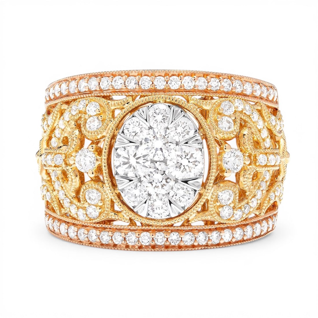 1.36 ctw Diamond Fiori Oval Cluster 18K Tri-Color Gold Ring: Captured in a moment of brilliance, this breathtaking Oval Cluster ring featuring Natural Diamonds speaks to the connoisseur. The gemstones are nestled within a Cluster framework, supported by a subst