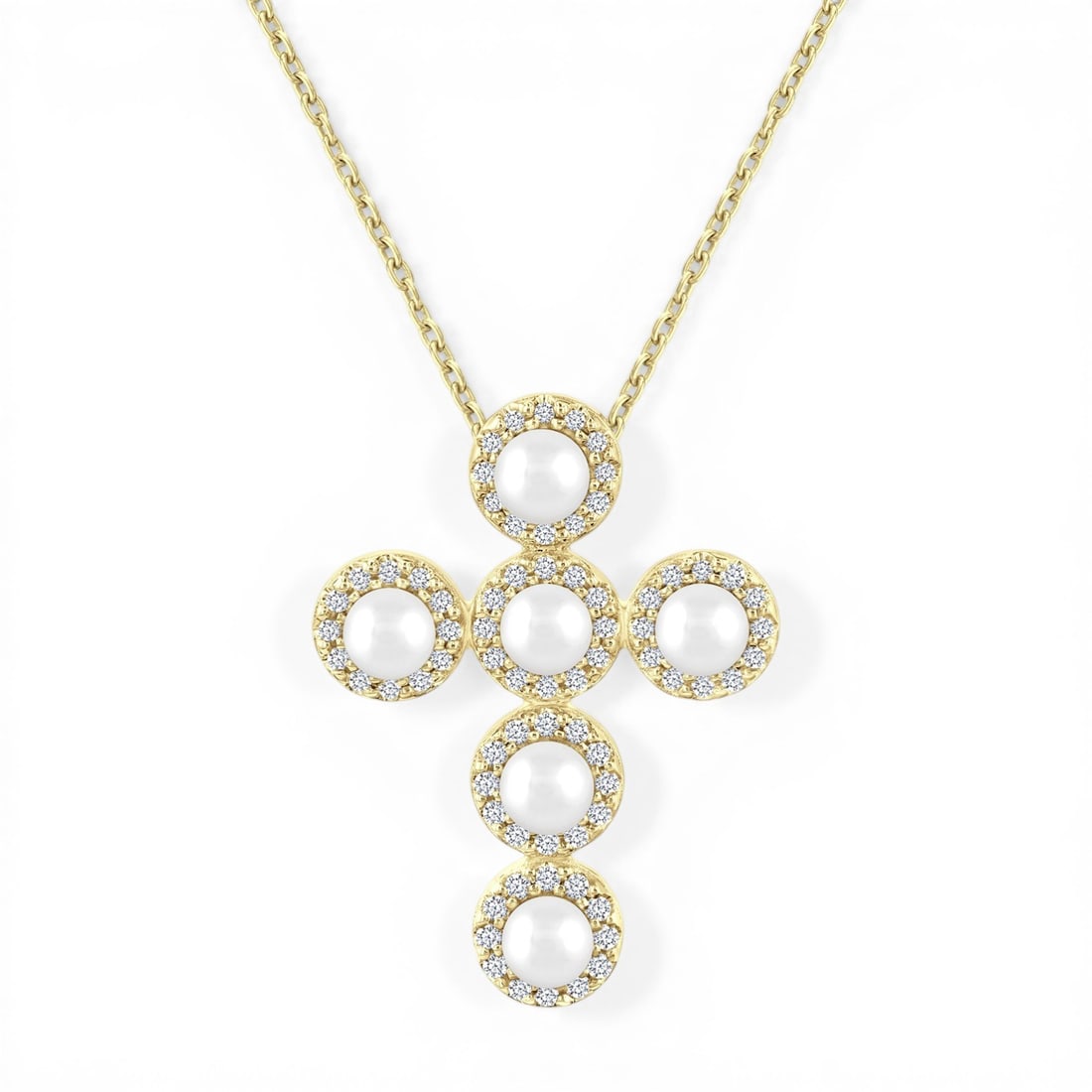 4mm Cultured Pearl and 0.25 ctw Diamond Cross 14K Yellow Gold Pendant: Timeless and sophisticated, this elegant Cross necklace featuring Cultured Pearl, White Diamond radiates enduring beauty. Securely held in a classic Halo design, the necklace is forged from 2.2 grams 