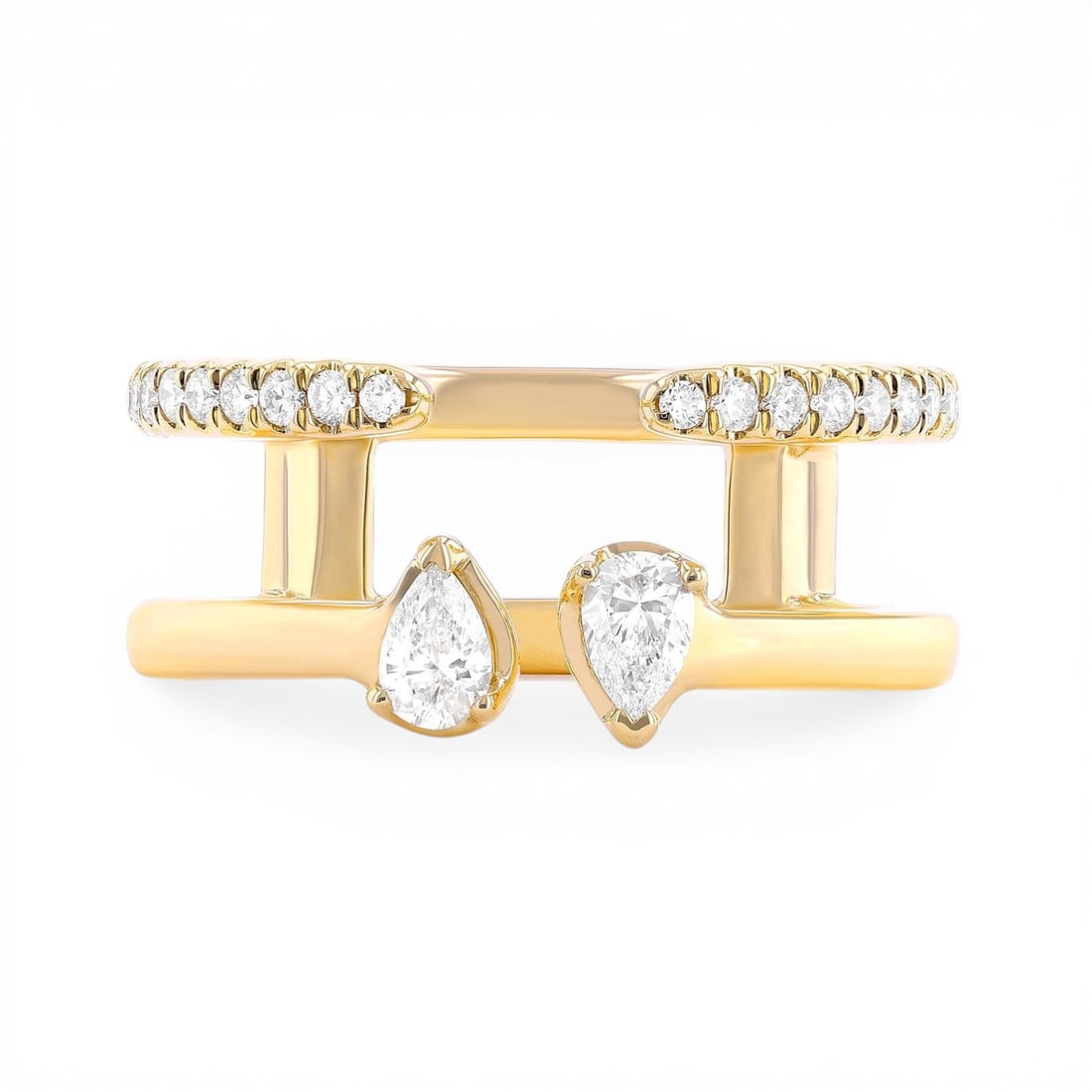 0.45 ctw Pear & Round Diamond Vintage 18K Yellow Gold Ring: An exquisite masterpiece of haute joaillerie, this exquisite Vintage ring featuring White Diamond is a true treasure. A detailed Open Cuff gallery secures the stones, rendered in 7.0 grams of lustrous