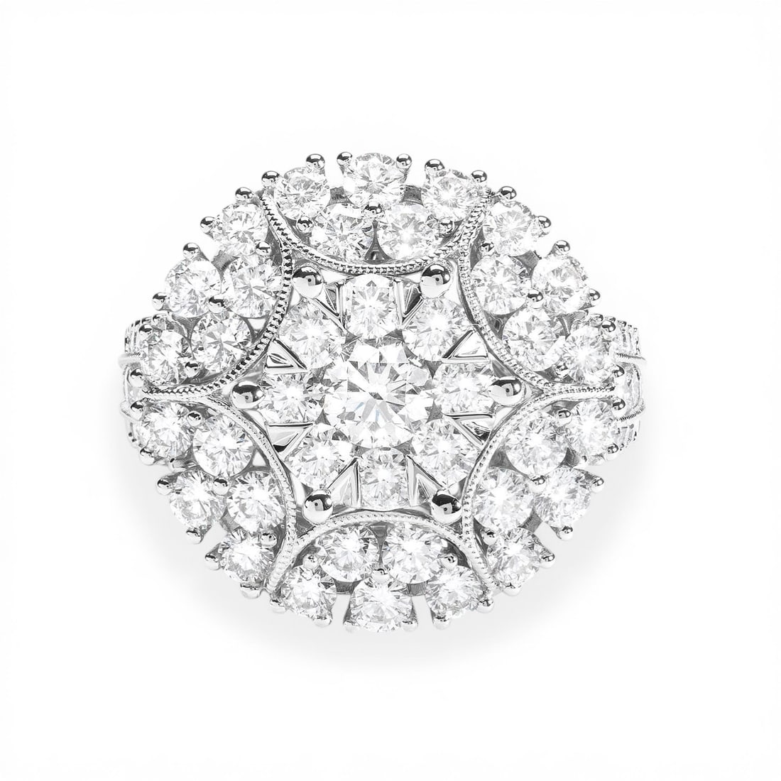 3.79 ctw Fiori Cluster White Diamond 18K White Gold Cocktail Ring: Timeless and sophisticated, this breathtaking Fiori Cluster ring featuring White Diamond radiates enduring beauty. Securely held in a classic Cluster design, the ring is forged from 9.65 grams of high