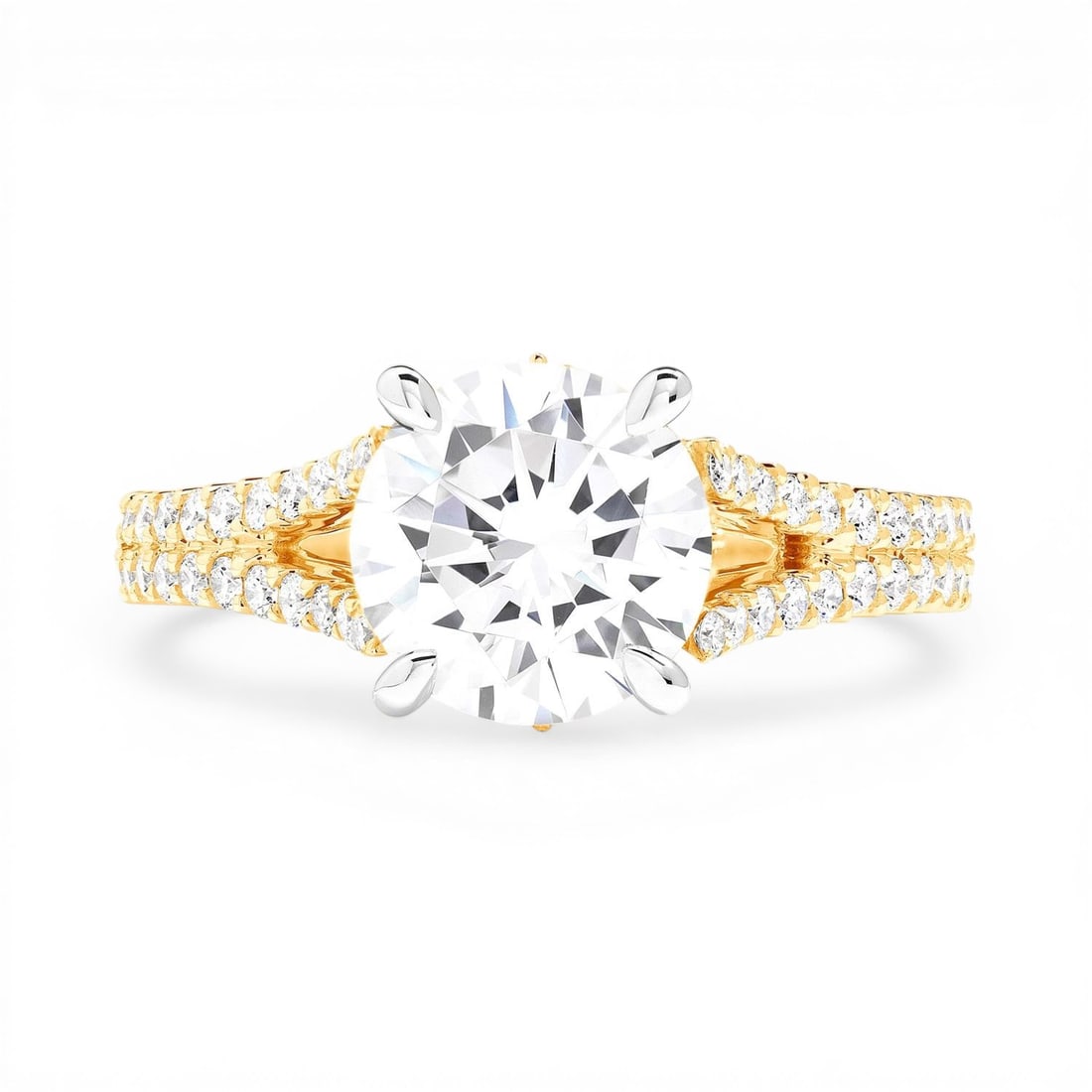 0.72 ctw White Diamond Split Shank 18K Yellow & White Gold Engagement Ring: Defining modern elegance, this magnificent Split Shank ring featuring White Diamond captures the essence of style. Securely held in a classic Split Shank design, the ring is forged from 4.4 g of high-