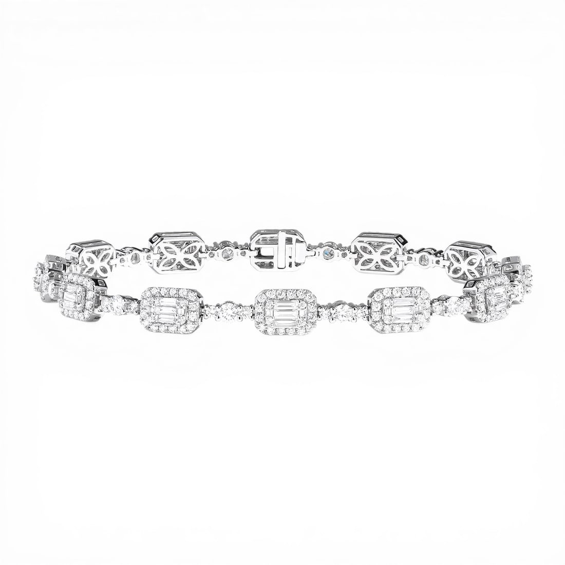 3.97 ctw White Diamond Empress Vintage 18K White Gold Bracelet: Rare and radiant, this breathtaking Empress Vintage bracelet featuring White Diamond offers a touch of the extraordinary. Showcasing the gems in a Halo arrangement, the bracelet consists of 13.65 gram