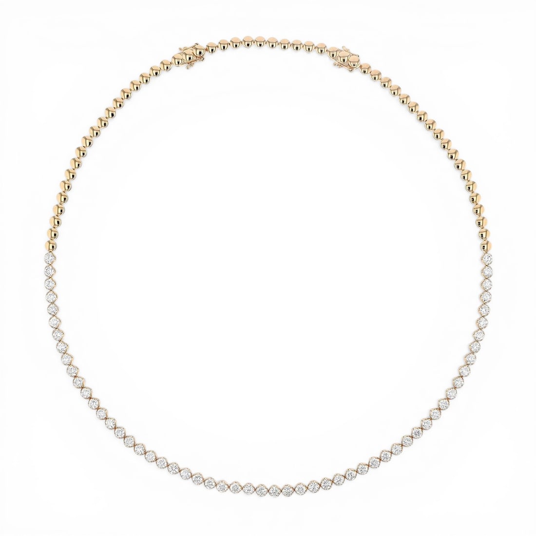 7.43 ctw White Diamond Duchess Halfway Tennis 18K Yellow Gold Necklace: Rare and radiant, this exquisite Continuous Line necklace featuring White Diamond offers a touch of the extraordinary. Showcasing the gems in a Continuous Line arrangement, the necklace consists of 29