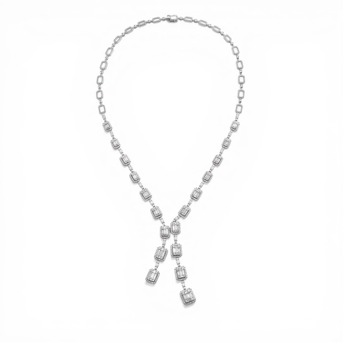 8.83 ctw Baguette & Round Diamond Split Empress 18K White Gold Necklace: A symphony of light and color, this exquisite Split necklace featuring White Diamond embodies the pinnacle of luxury. Expertly mounted in an Articulated Halo Links (Lariat Style) setting, the necklace