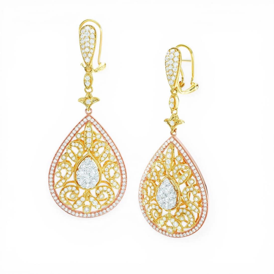 2.48 ctw Diamond Pear Cluster 18K Tri-Color Gold Drop Earrings: Rare and radiant, this magnificent Pear Cluster pair of earrings featuring White Diamond offers a touch of the extraordinary. Showcasing the gems in a Pave arrangement, the earrings consists of 18.5 g