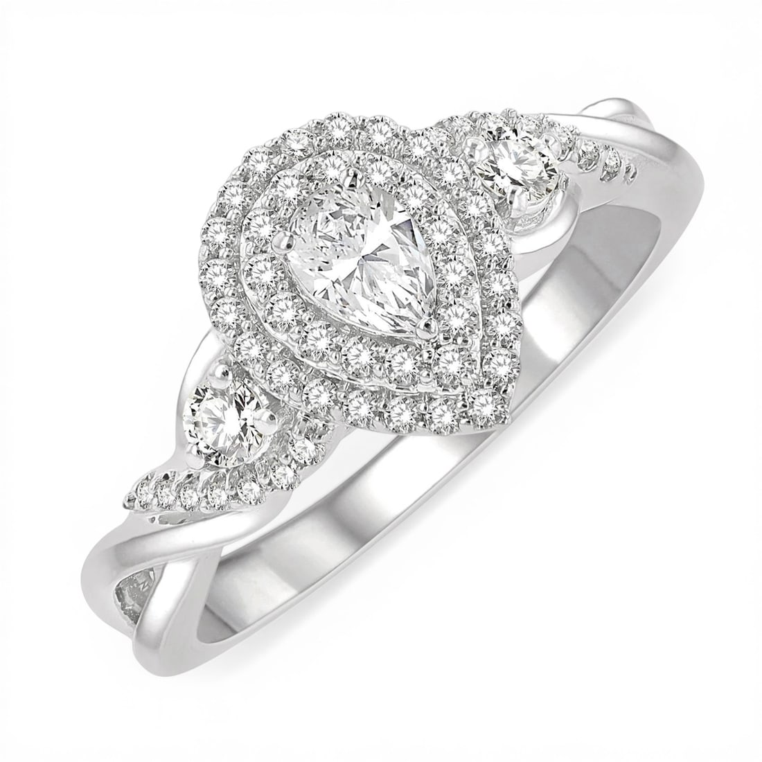 0.63 ctw Pear White Diamond Double Halo 14K White Gold Ring: A vision of luxury, this stunning Split Twisted Shank ring featuring White Diamond defines sophistication. The gemstones are nestled within a Double Halo framework, supported by a substantial 4.65 gra