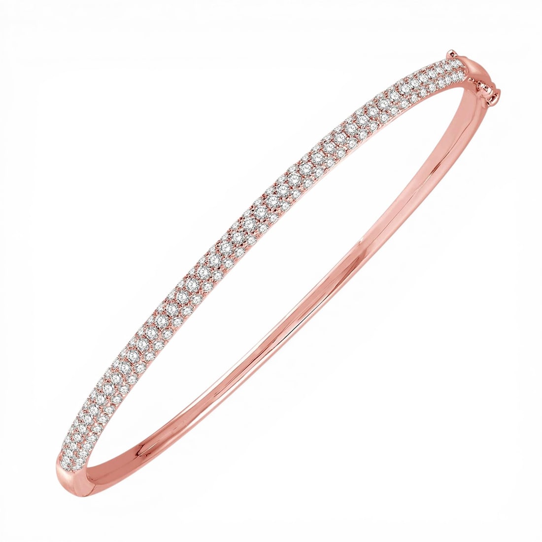 1.58 ctw Three-Row Diamond Duchess Bangle in 18K Rose Gold: A symphony of light and color, this stunning Three-Row Duchess bangle featuring White Diamond embodies the pinnacle of luxury. Expertly mounted in a Pave setting, the bangle is crafted in 14.3 grams o