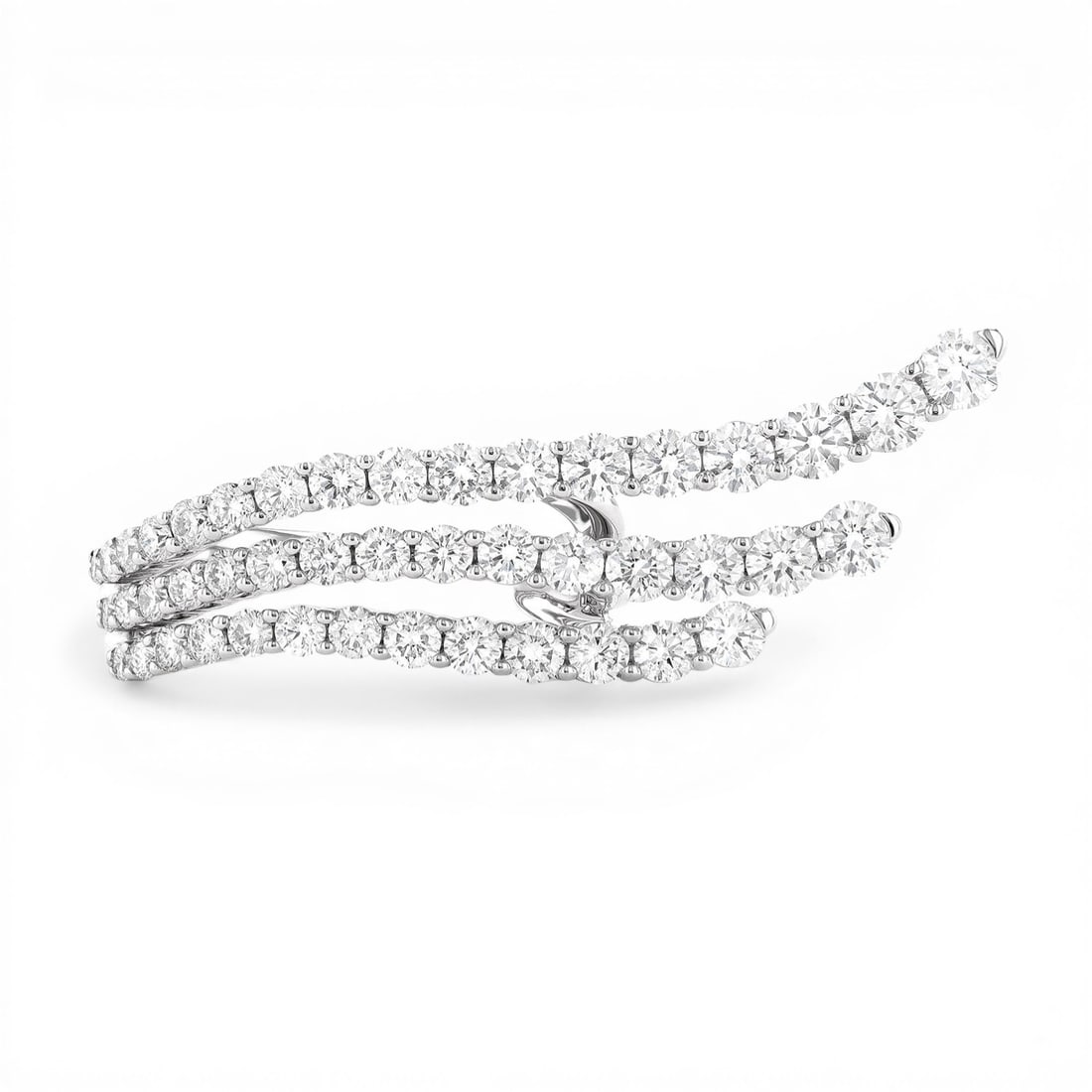 Sculptural 2.29 ctw Diamond Waved Statement 18k White Gold Ring: An exquisite masterpiece of haute joaillerie, this breathtaking Waved ring featuring White Diamond is a true treasure. Crafted with precision, the Multi-Row Statement setting is seamlessly integrated 