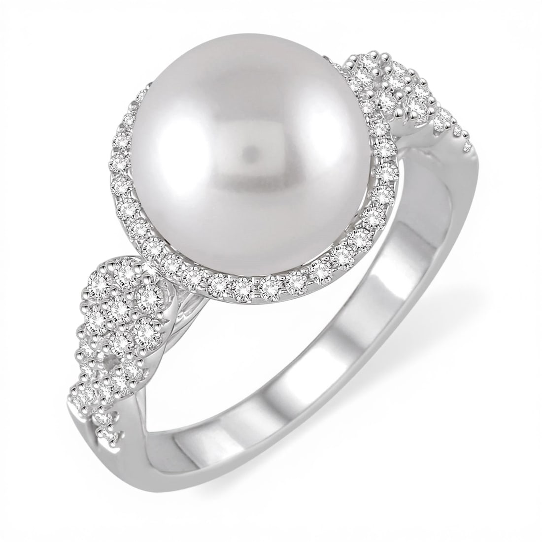 10mm Cultured Pearl and 0.38 ctw Diamond 14K White Gold Ring: A vision of luxury, this magnificent Halo ring featuring Cultured Pearl, White Diamond defines sophistication. The gemstones are nestled within a Halo framework, supported by a substantial 3.9 grams 1