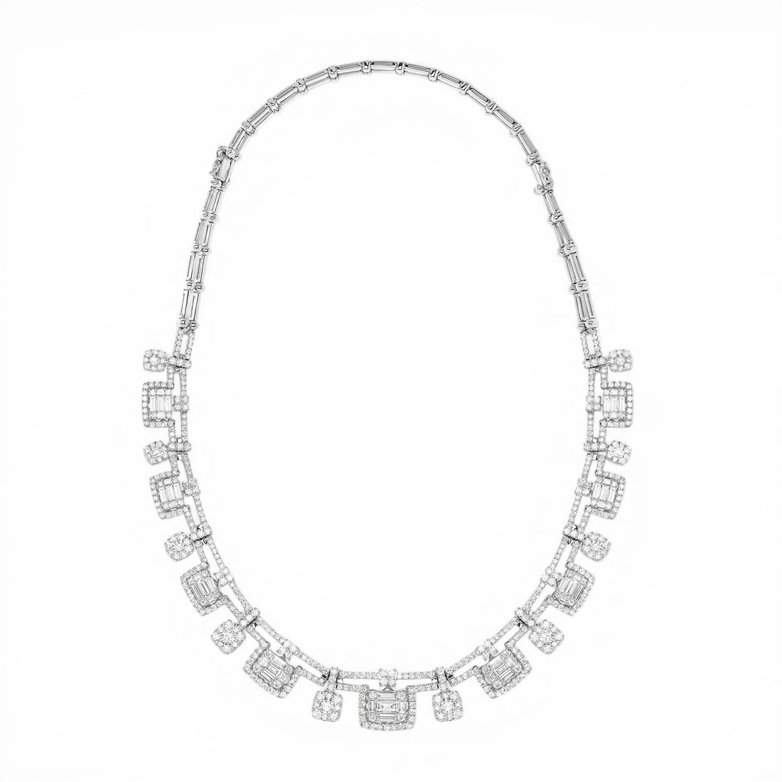 14.09 ctw White Diamond 18K White Gold Collar Necklace: Timeless and sophisticated, this magnificent Baguette Collar necklace featuring White Diamond radiates enduring beauty. Securely held in a classic Collar design, the necklace is forged from 54.95 gram
