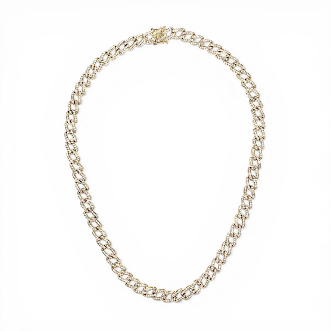 16 inch 6.87 ctw Diamond Cuban Link 18k Yellow Gold Necklace: An exquisite masterpiece of haute joaillerie, this breathtaking Cuban Link necklace featuring Natural Diamonds is a true treasure. Crafted with precision, the Chain/Link setting is seamlessly integrat