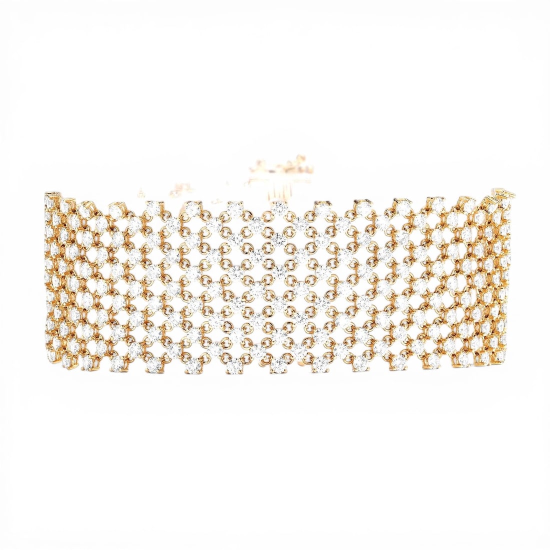 15.56 ctw White Diamond Silk Wide Mesh 18K Yellow Gold Bracelet: An exquisite masterpiece of haute joaillerie, this breathtaking Silk Wide Mesh bracelet featuring White Diamond is a true treasure. Showcasing the gems in a Mesh arrangement, the bracelet consists of 