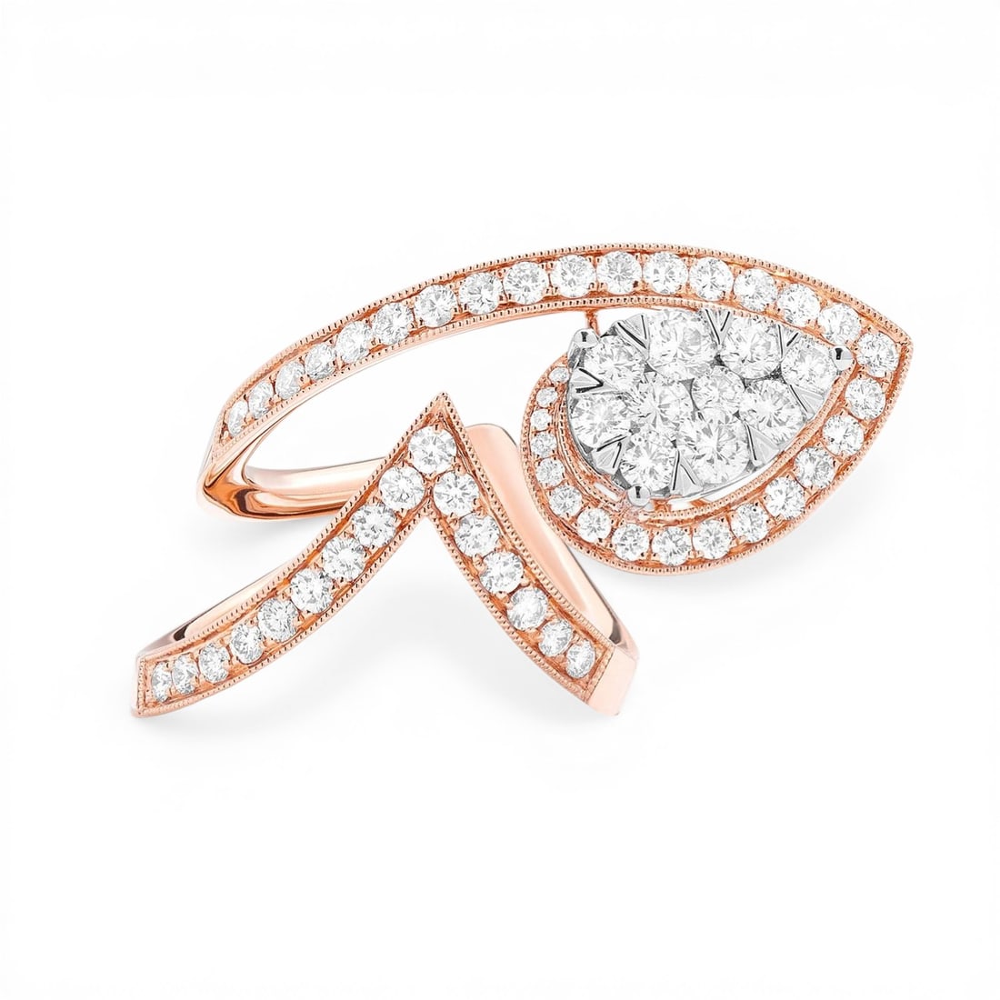 1.79 ctw Diamond Fiori Cluster 18K Rose & White Gold Cocktail Ring: Timeless and sophisticated, this exquisite Fiori Cluster ring featuring White Diamond radiates enduring beauty. The gemstones are nestled within a Cluster/Halo framework, supported by a substantial 8.
