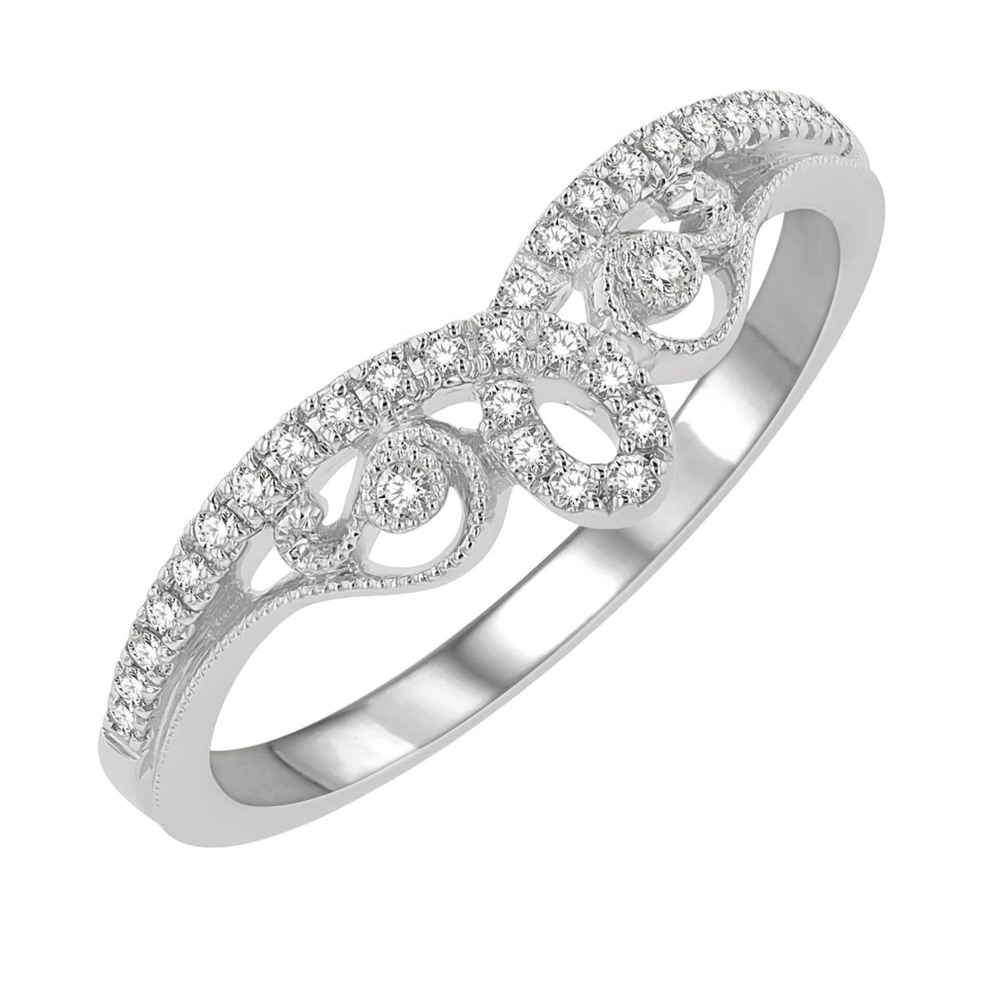 0.16 ctw Diamond Chevron Loop Lattice 14K White Gold Ring: Defining modern elegance, this stunning Chevron Loop Lattice ring featuring White Diamond captures the essence of style. Expertly mounted in a Contour Band setting, the ring is crafted in 2.65 grams o