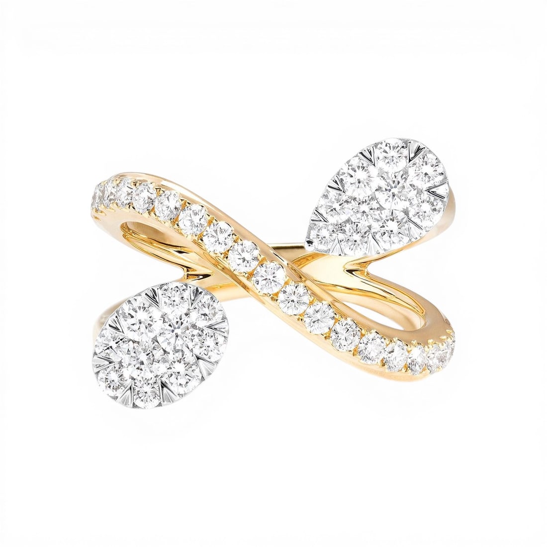 1.21 ctw Diamond Fiori Toi Et Moi 18K Yellow & White Gold Ring: Captured in a moment of brilliance, this exquisite Fiori Toi Et Moi Cluster ring featuring Natural Diamonds speaks to the connoisseur. Securely held in a classic Toi Et Moi design, the ring is forged 