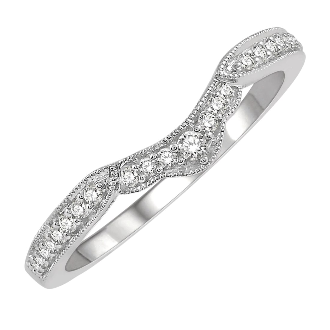 0.16 ctw White Diamond Arched Lattice 14K White Gold Band Ring: Epitomizing grandeur, this elegant Arched Lattice ring featuring White Diamond stands as a beacon of refined taste. Showcasing the gems in a Contoured Band arrangement, the ring consists of 2.15 grams