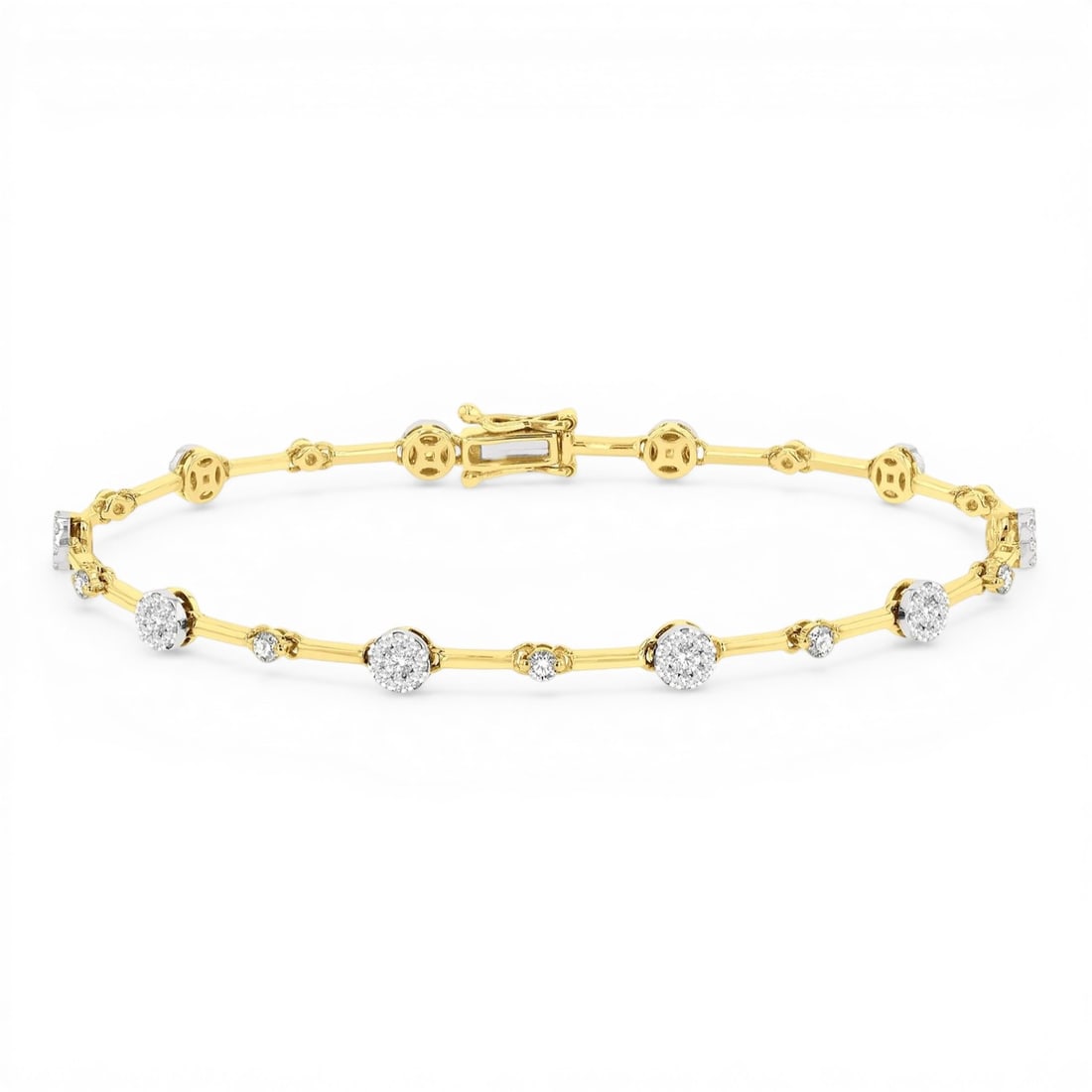 1.02 ctw Diamond Cluster 14K Yellow & White Gold Bracelet: Captured in a moment of brilliance, this magnificent Cluster bracelet featuring Natural Diamonds speaks to the connoisseur. Expertly mounted in a Cluster setting, the bracelet is crafted in 5.0 grams 