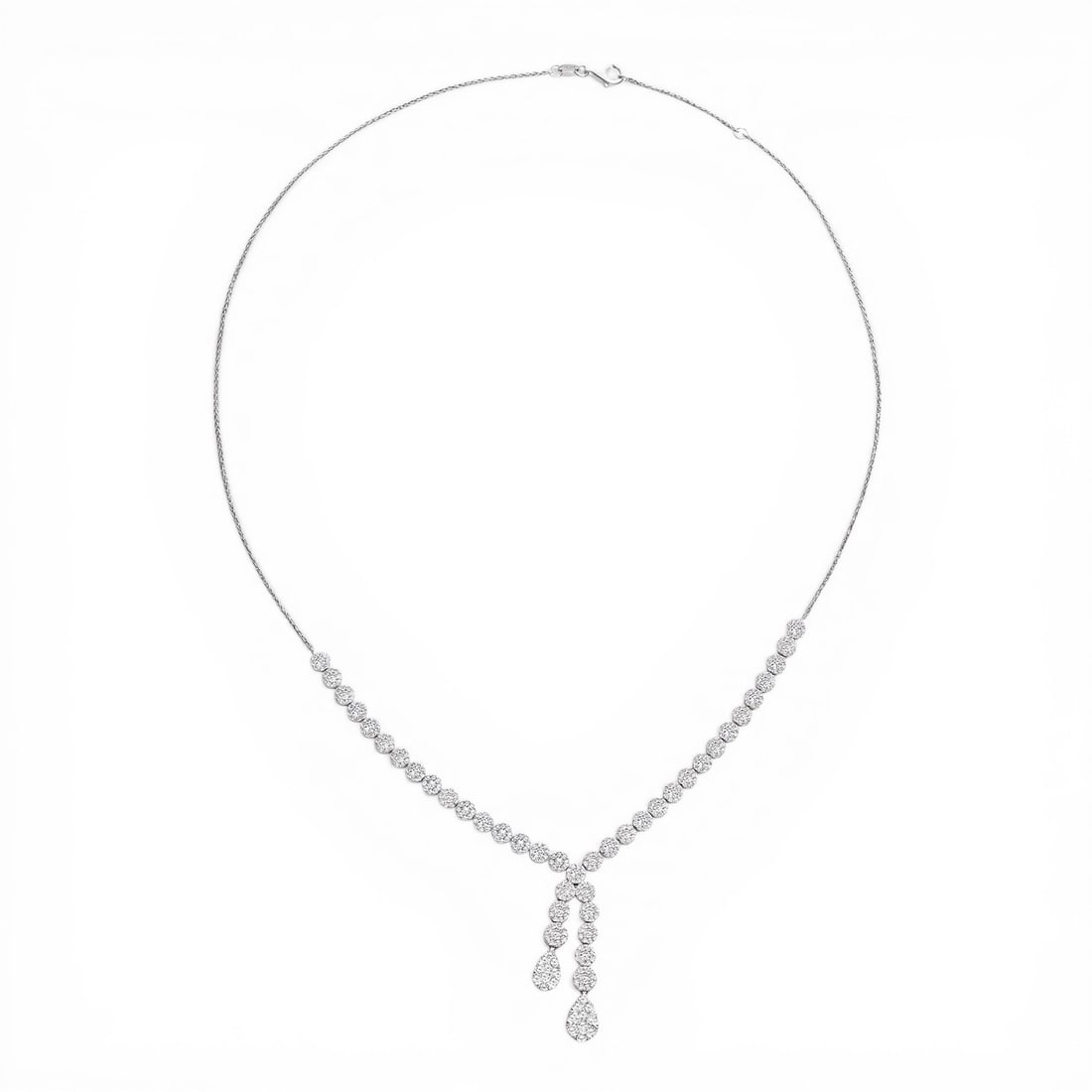 3.57 ctw Diamond Cluster Lariat 18K White Gold Necklace: Timeless and sophisticated, this stunning Lariat necklace featuring White Diamond radiates enduring beauty. Expertly mounted in a Cluster setting, the necklace is crafted in 8.75 g of solid 18K White 