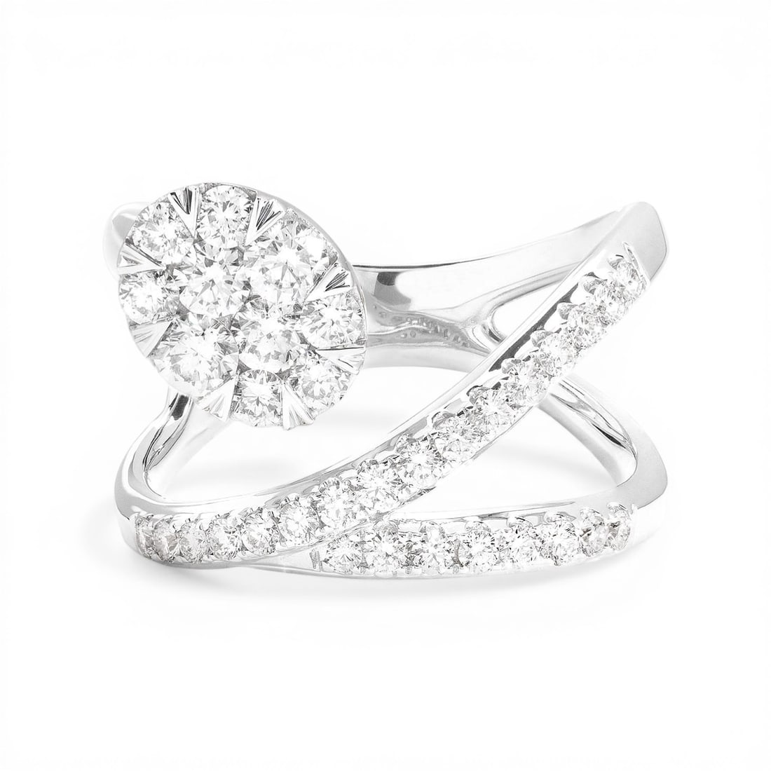 Fiori Ethereal 1.11 ctw White Diamond Cluster 18K White Gold Ring: Timeless and sophisticated, this stunning Cluster ring featuring White Diamond radiates enduring beauty. Expertly mounted in a Cluster setting, the ring is crafted in 7.5 grams of solid 18K White Gold
