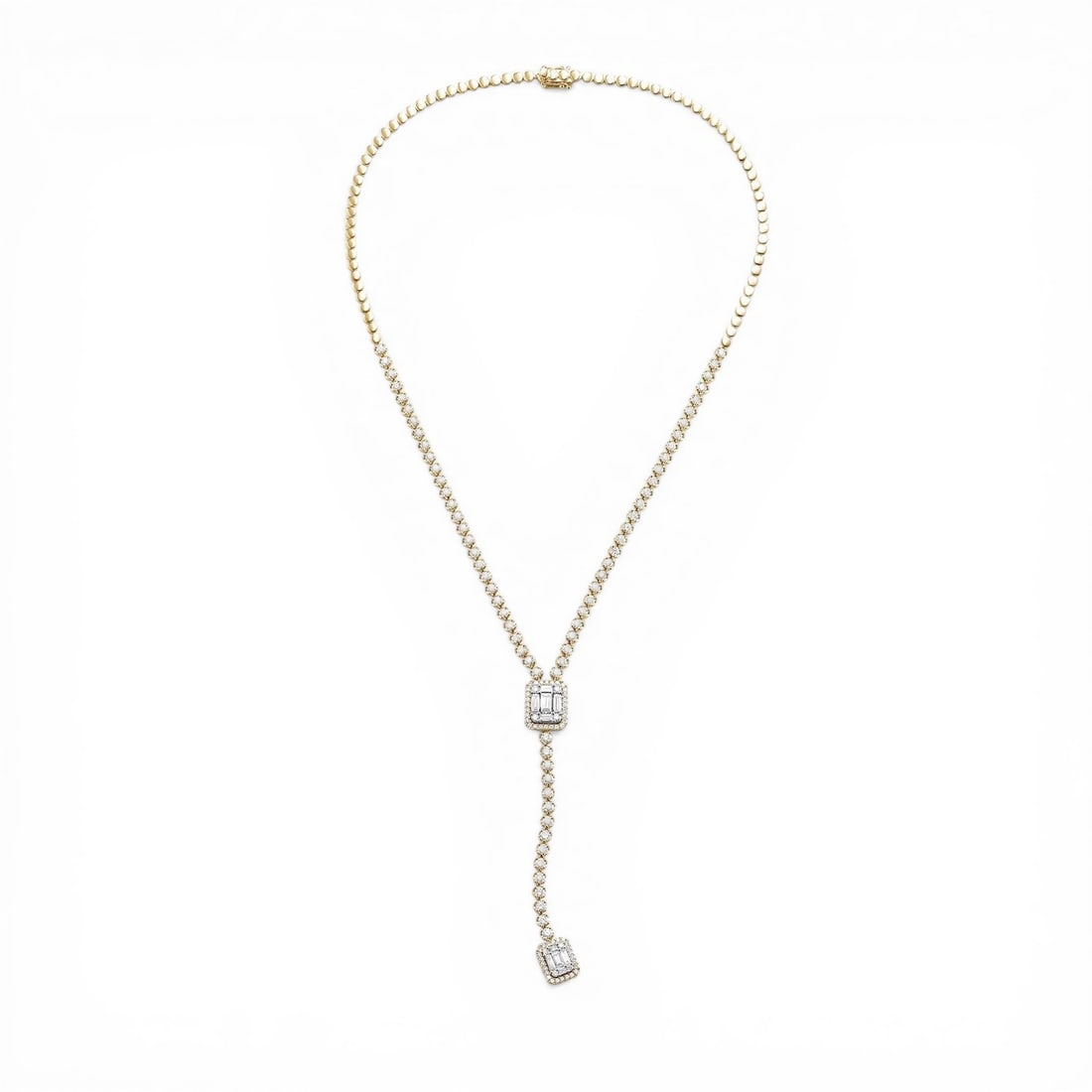 5.26 ctw Baguette & Round Diamond 18K Yellow & White Gold Lariat Necklace: A vision of luxury, this exquisite Empress necklace featuring White Diamond defines sophistication. Expertly mounted in a Lariat setting, the necklace is crafted in 25.85 grams of solid 18K Yellow & W