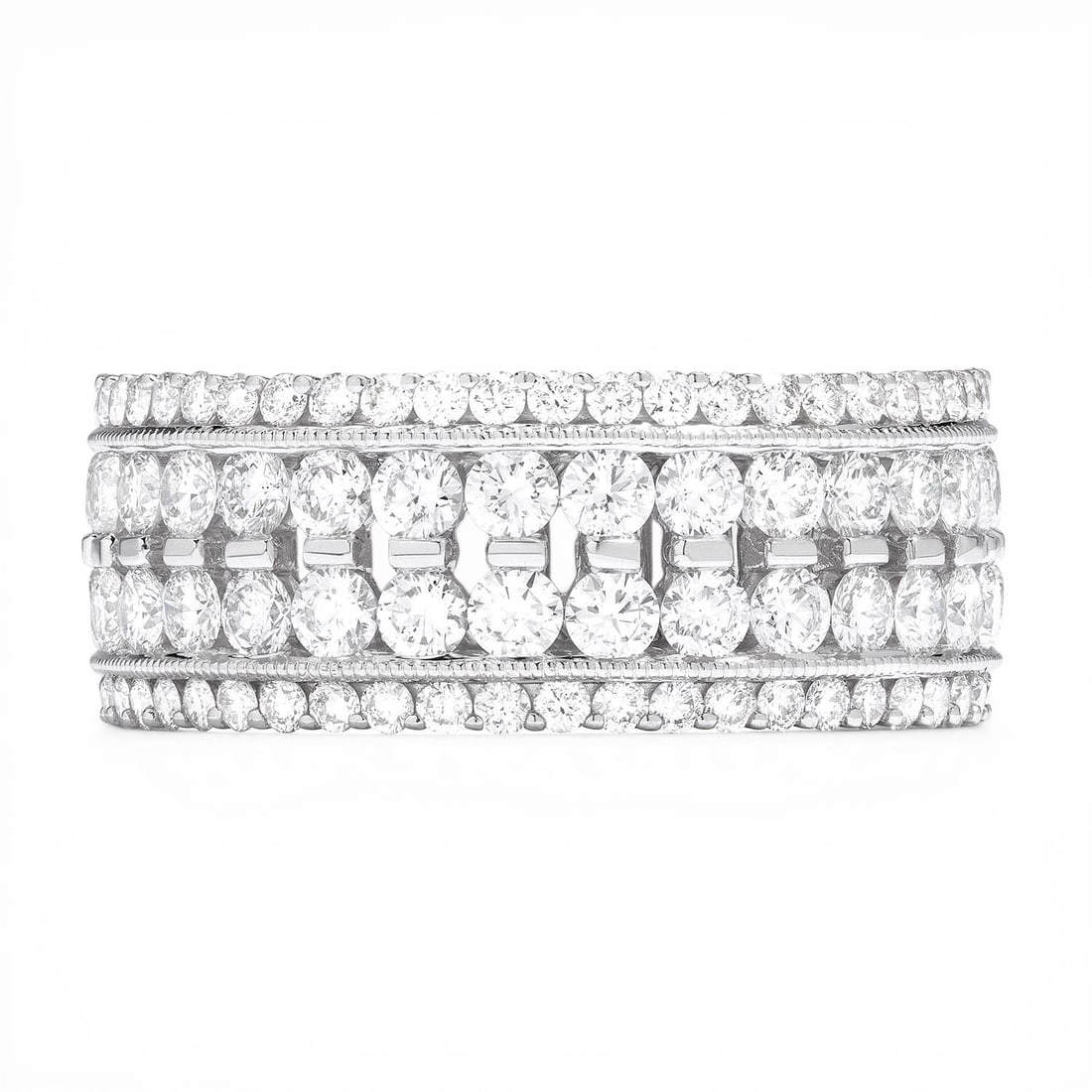 5.87 ctw Diamond 4-Row Eternity Band 18K White Gold Ring: A testament to superior craftsmanship, this magnificent 4-Row Eternity Band ring featuring White Diamond is unparalleled. Crafted with precision, the Multi-Row Eternity Band setting is seamlessly inte