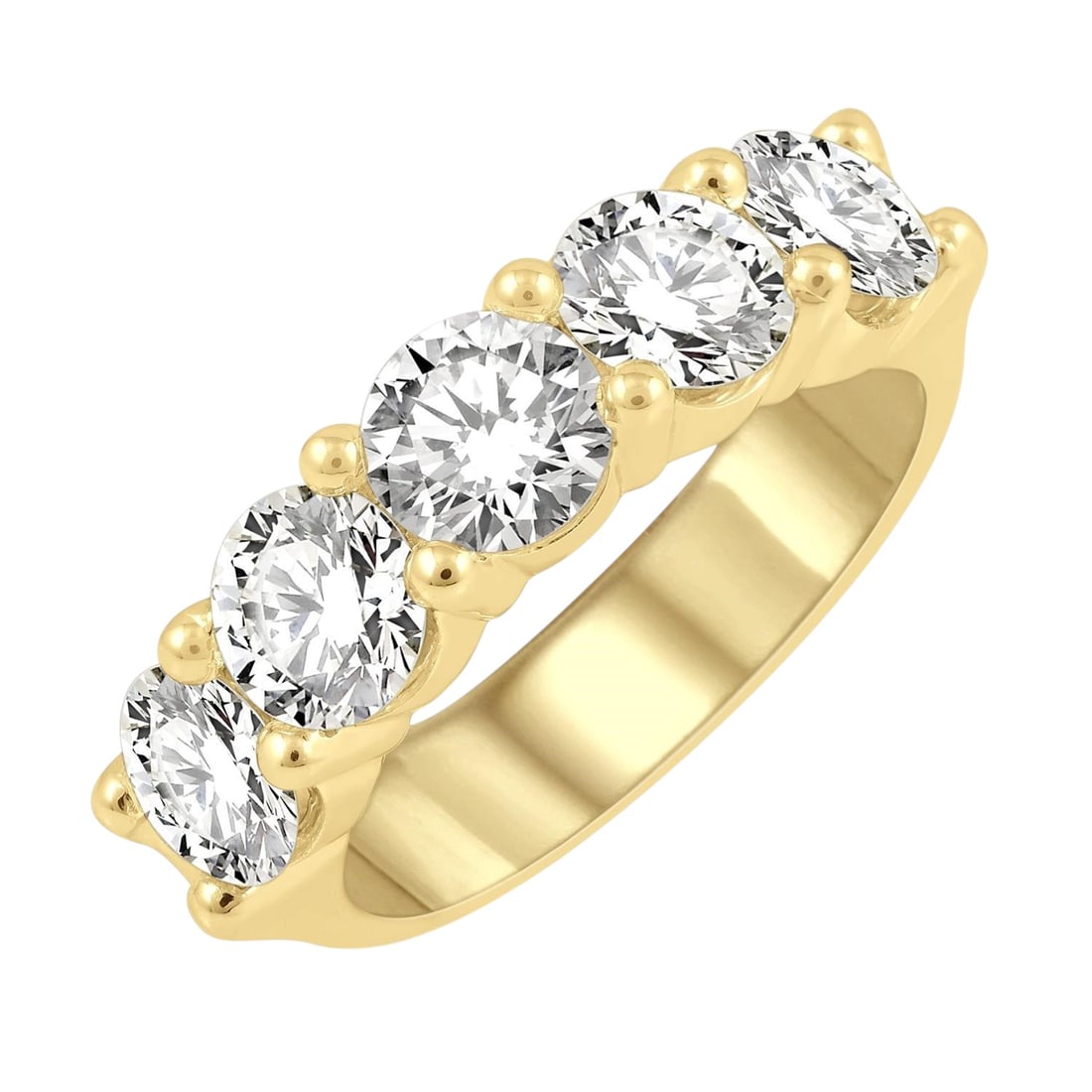 3.05 ctw Diamond 5 Stone 14K Yellow Gold Wedding Band: An exquisite masterpiece of haute joaillerie, this stunning Five Stone ring featuring White Diamond is a true treasure. Showcasing the gems in a Five-Stone arrangement, the ring consists of 6.5 grams 