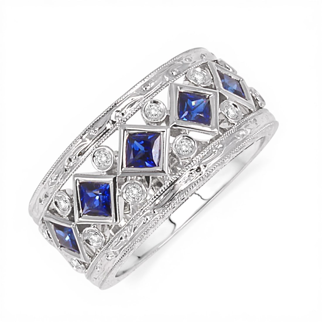 3x3mm Blue Sapphire and 0.24 ctw White Diamond 14K White Gold Band Ring: Defining modern elegance, this magnificent Milgrain Fashion Band band ring featuring Blue Sapphire, White Diamond captures the essence of style. The gemstones are nestled within a Band framework, supp