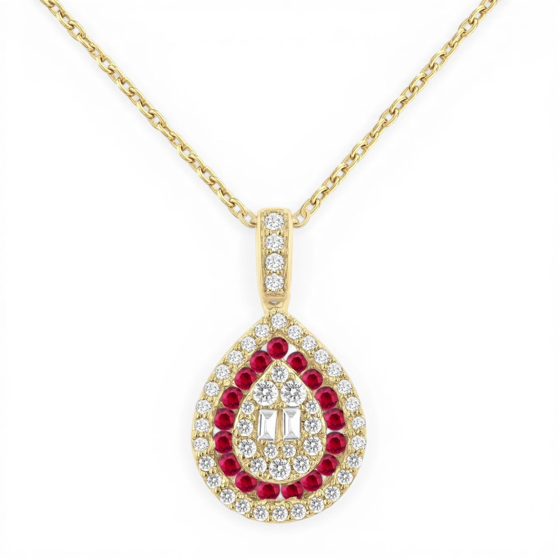 0.27 ctw Diamond & Ruby Halo 14K Yellow Gold Pendant: Defining modern elegance, this exquisite Halo pendant featuring White Diamond, Ruby captures the essence of style. Expertly mounted in a Halo setting, the pendant is crafted in 1.4 grams of solid 14K 