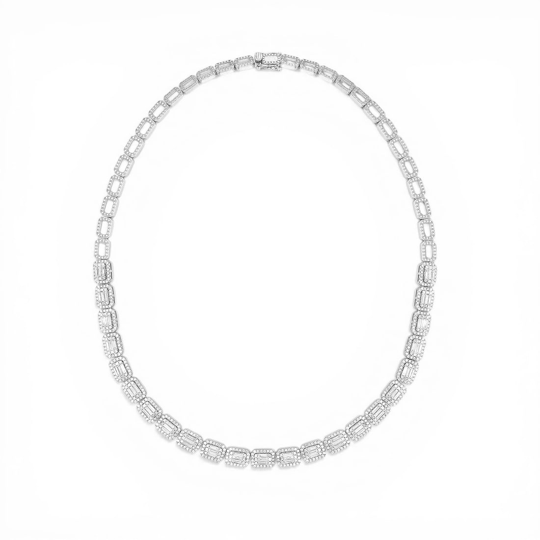 5.37 ctw Empress East-West Baguette & Round Diamond 18K White Gold Necklace: Rare and radiant, this magnificent East-West Line necklace featuring White Diamond offers a touch of the extraordinary. A detailed Line Necklace gallery secures the stones, rendered in 30.0 grams of l