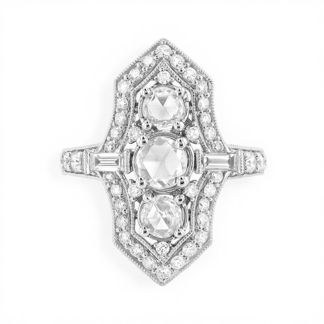 Mademoiselle Vintage 2.01 ctw Diamond 18K White Gold Ring: Captured in a moment of brilliance, this exquisite Vintage ring featuring White Diamond speaks to the connoisseur. The gemstones are nestled within a Three-Stone framework, supported by a substantial 