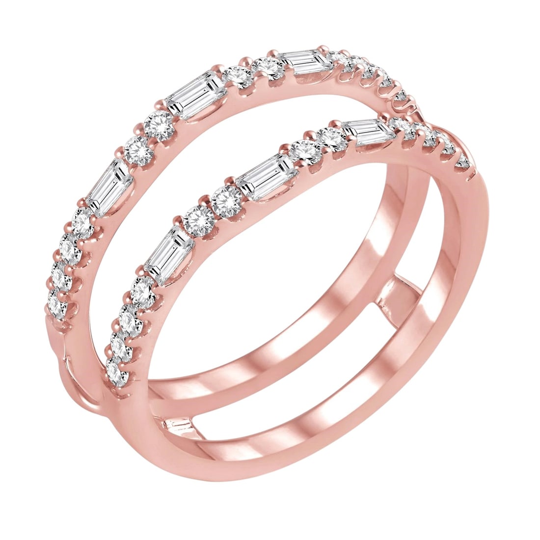 0.55 ctw Baguette and Round Diamond 14K Rose Gold Insert Ring: A symphony of light and color, this stunning Baguette and Round Cut ring featuring White Diamond embodies the pinnacle of luxury. The gemstones are nestled within an Insert/Guard Ring framework, suppo