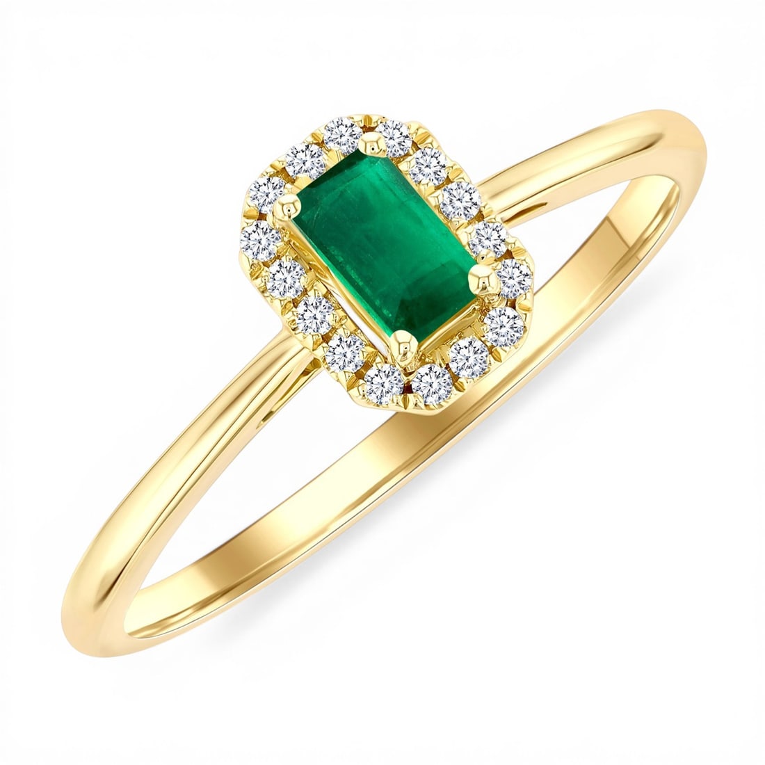 5x3mm Emerald and 0.07 ctw Diamond 10K Yellow Gold Ring: Rare and radiant, this elegant Halo ring featuring Emerald, White Diamond offers a touch of the extraordinary. Showcasing the gems in a Halo arrangement, the ring consists of 1.35 grams of 10K Yellow 