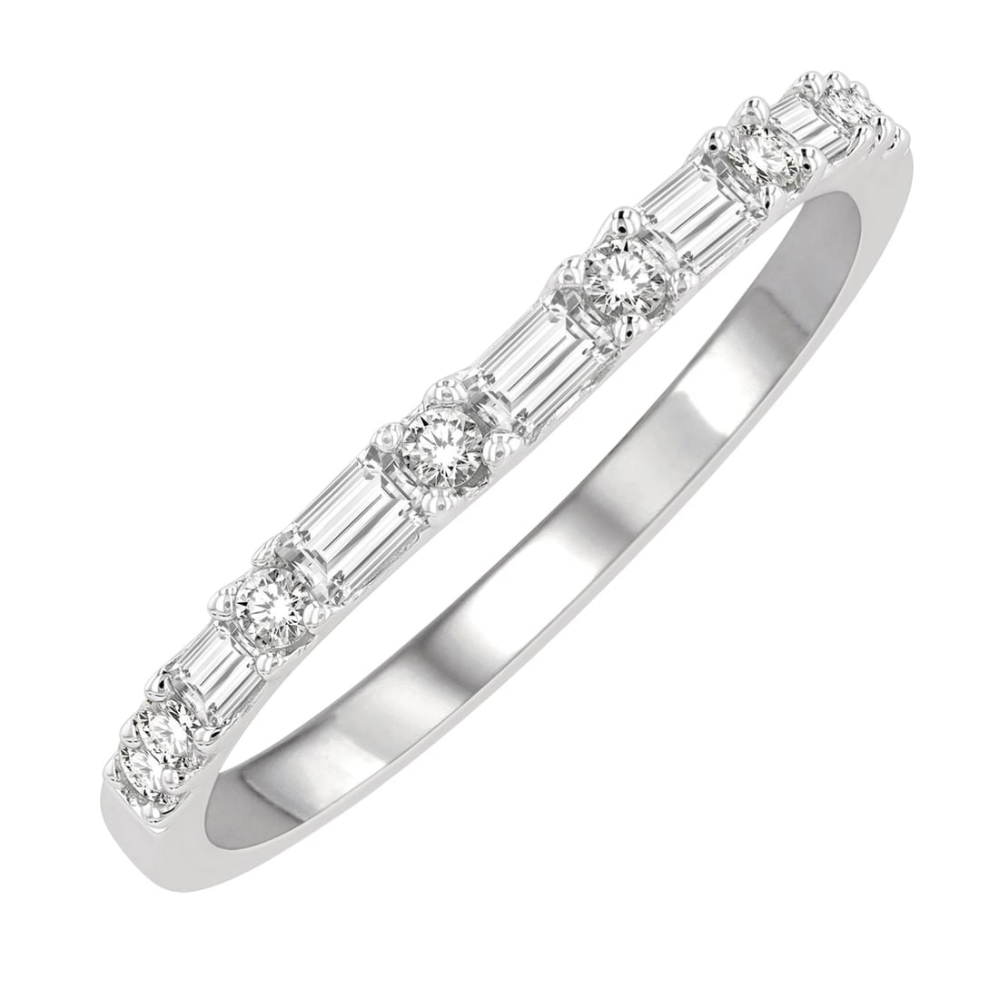 0.31 ctw Baguette & Round Diamond Wedding Band 14K White Gold: Epitomizing grandeur, this stunning Baguette ring featuring White Diamond stands as a beacon of refined taste. A detailed Half-Eternity Band gallery secures the stones, rendered in 1.5 grams of lustro