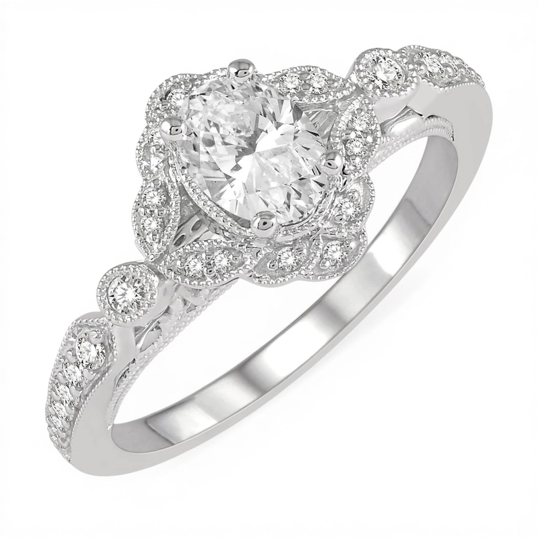 0.58 ctw Diamond Lattice Oval Engagement Ring 14K White Gold: Timeless and sophisticated, this stunning Lattice Oval ring featuring White Diamond radiates enduring beauty. Securely held in a classic Halo design, the ring is forged from 3.9 grams of high-polish 1