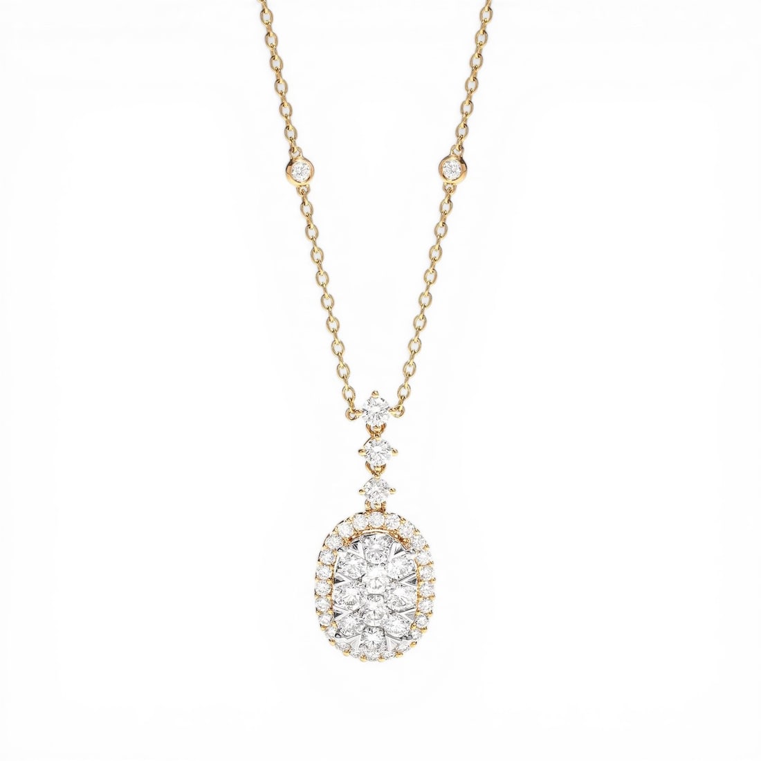 2.44 ctw White Diamond Fiori Oval Cluster 18K Yellow & White Gold Pendant: Rare and radiant, this magnificent Fiori Oval Cluster pendant necklace featuring White Diamonds offers a touch of the extraordinary. A detailed Halo gallery secures the stones, rendered in 6.0 grams o