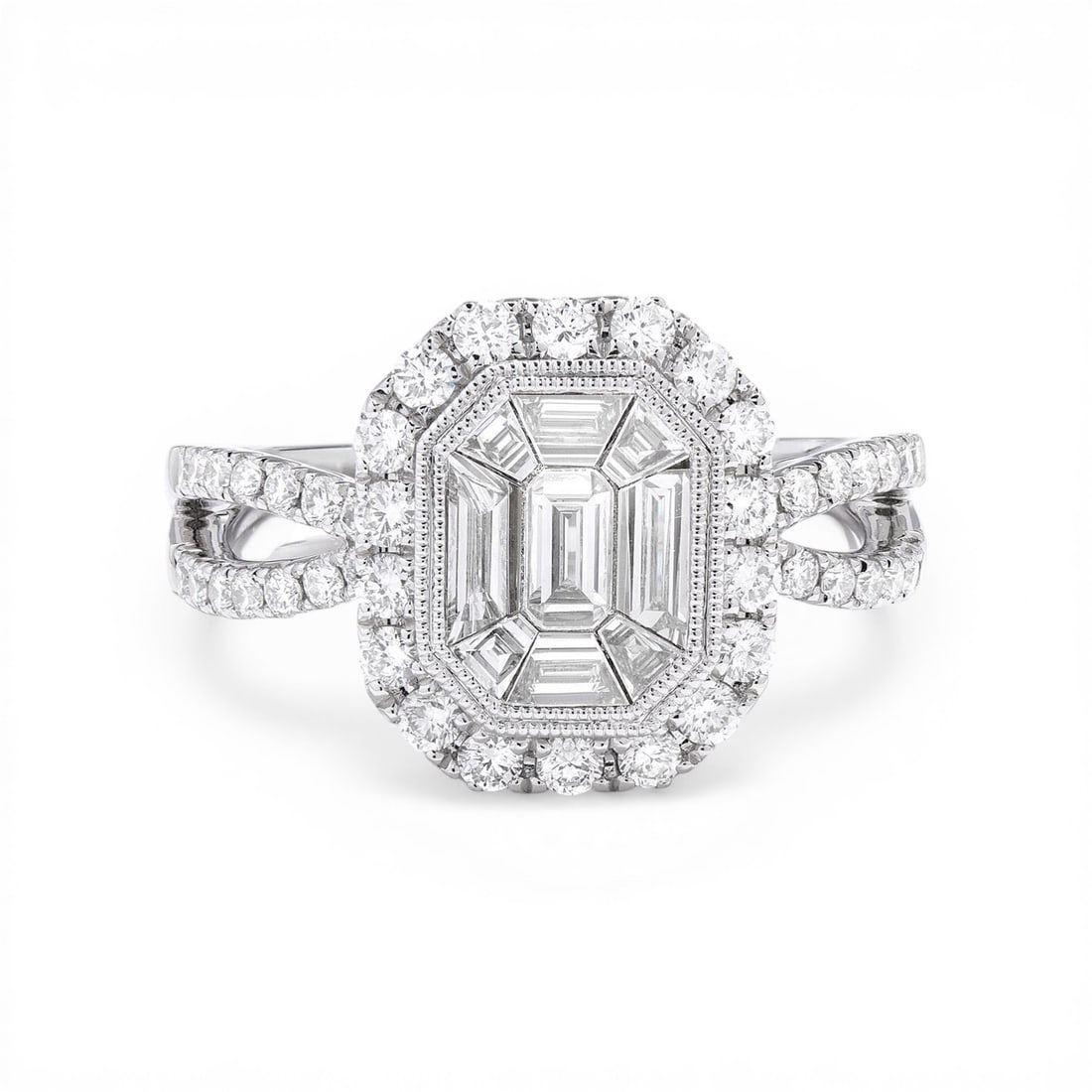 0.62ct Emerald and 0.62 ctw White Diamond 18K White Gold Ring: A symphony of light and color, this breathtaking Empress ring featuring Emerald, White Diamond embodies the pinnacle of luxury. Securely held in a classic Halo design, the ring is forged from 4.7 g of