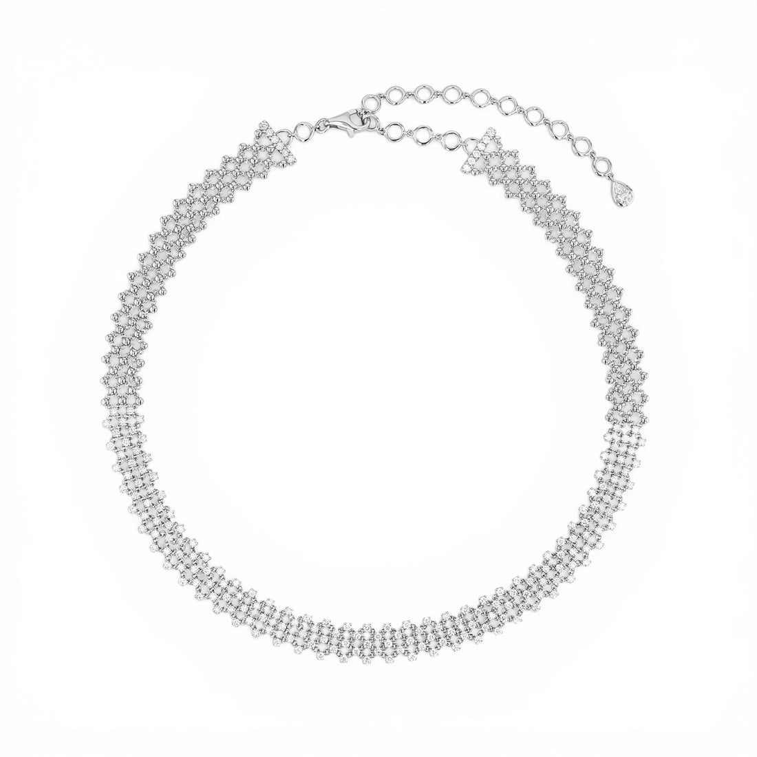 5.07 ctw Diamond 18K White Gold Silk Choker: An exquisite masterpiece of haute joaillerie, this breathtaking Silk choker featuring Natural Diamonds is a true treasure. Crafted with precision, the Pave setting is seamlessly integrated into 22.2 g