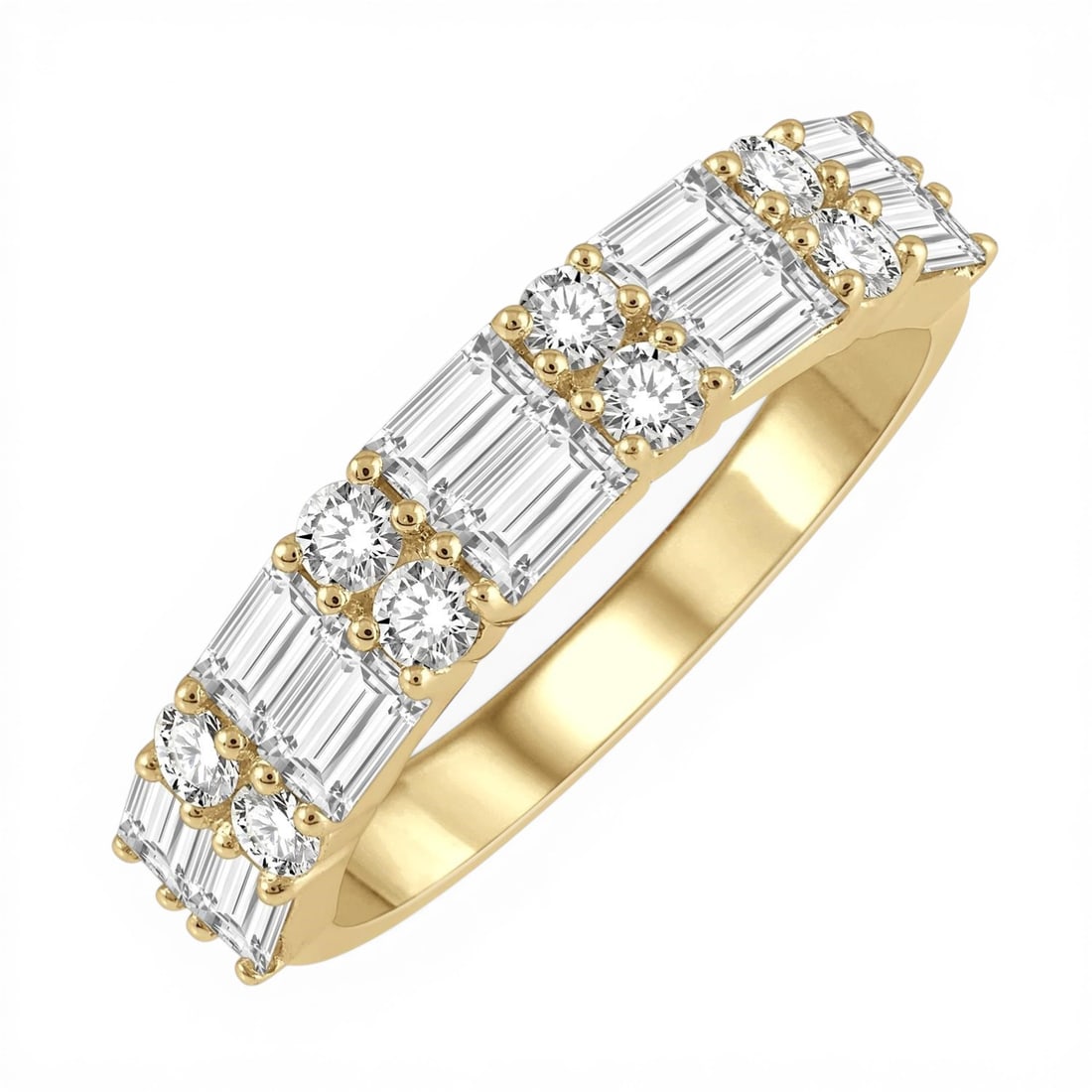 1.22 ctw Double Baguette & Round Diamond Fashion Band 14K Yellow Gold Ring: An exquisite masterpiece of haute joaillerie, this breathtaking Double Baguette ring featuring White Diamond is a true treasure. Showcasing the gems in a Multi-Row Band arrangement, the ring consists 