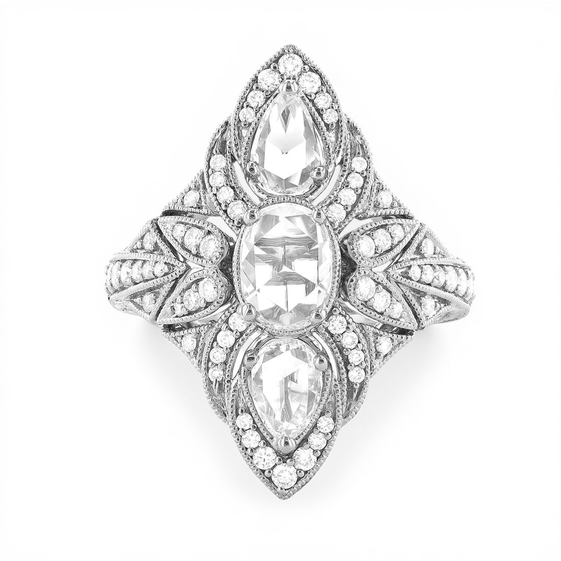 1.96 ctw Vintage Diamond Cluster 18K White Gold Ring: An exquisite masterpiece of haute joaillerie, this magnificent Vintage Cluster ring featuring Diamond is a true treasure. Showcasing the gems in a Cluster arrangement, the ring consists of 8.7 grams o