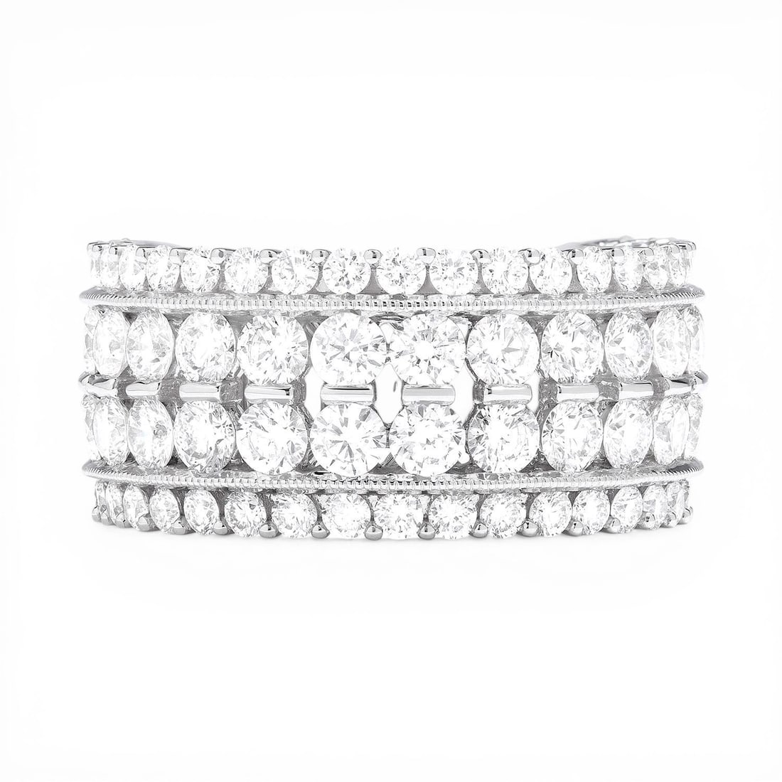 3.80 ctw Duchess Classic 4-Row Diamond Band 18K White Gold Ring: A vision of luxury, this exquisite 4-Row ring featuring White Diamond defines sophistication. Expertly mounted in a Multi-Row Band setting, the ring is crafted in 10.35 grams of solid 18K White Gold. 