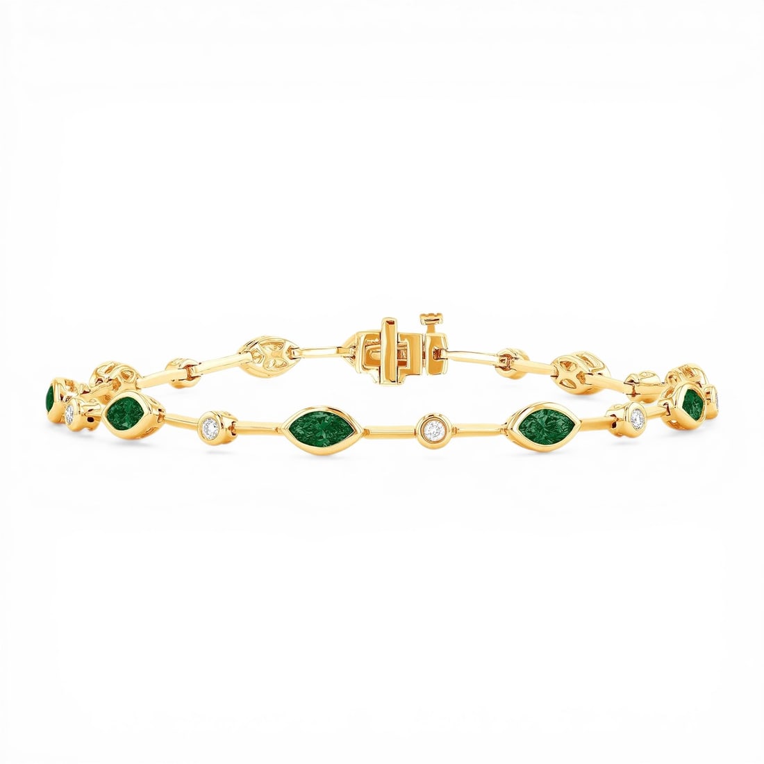 Emerald and 0.25 ctw Diamond 18K Yellow Gold Bracelet: Defining modern elegance, this stunning Alternating Link Bezel bracelet featuring Emerald, White Diamond captures the essence of style. The gemstones are nestled within a Bezel framework, supported by