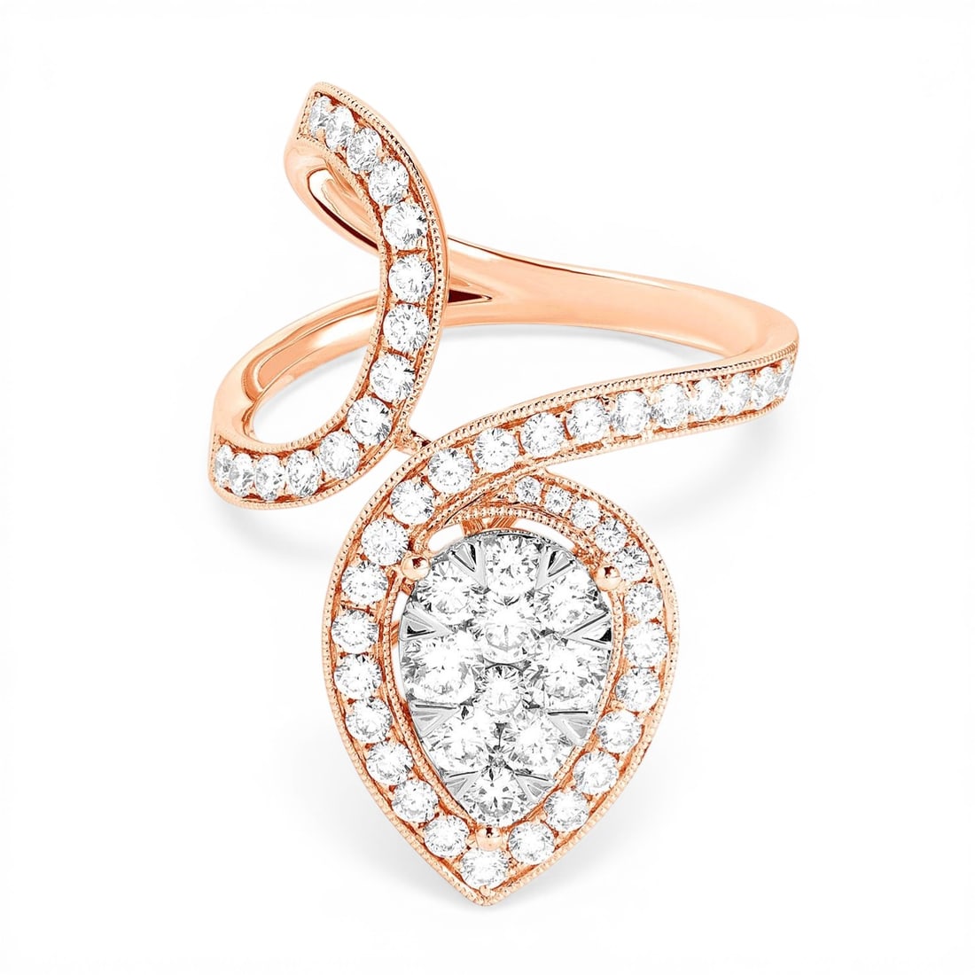1.61 ctw Diamond Fiori Cocktail Cluster 18K Rose & White Gold Ring: Defining modern elegance, this breathtaking Fiori Pear Avant-Garde Cluster ring featuring Natural Diamonds captures the essence of style. Securely held in a classic Cluster design, the ring is forged 