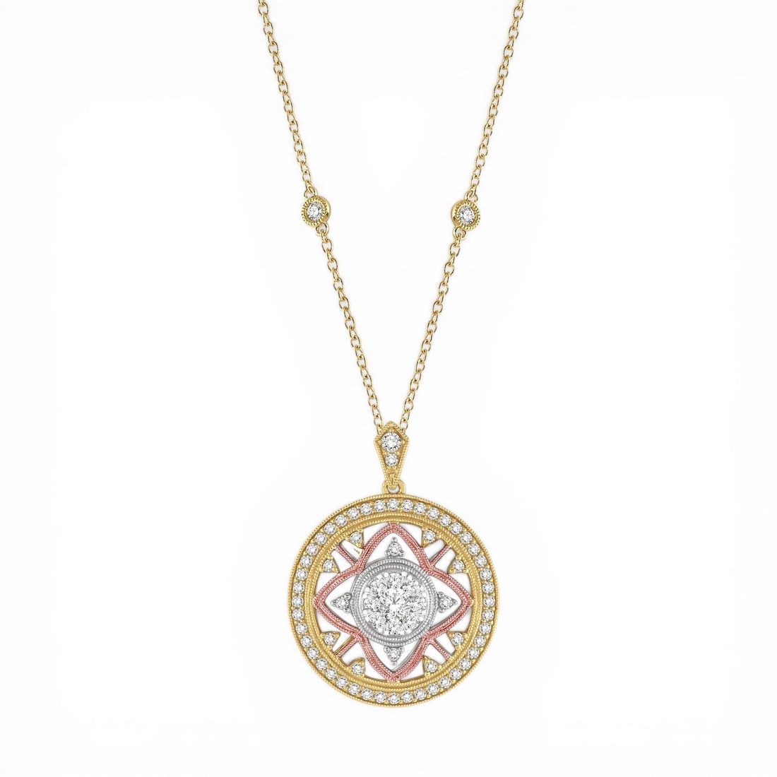 1.27 ctw Round Diamond Cluster Fiori 18K Tri-Color Gold Pendant: A testament to superior craftsmanship, this magnificent Cluster pendant featuring White Diamonds is unparalleled. A detailed Cluster gallery secures the stones, rendered in 6.15 grams of lustrous 18K 