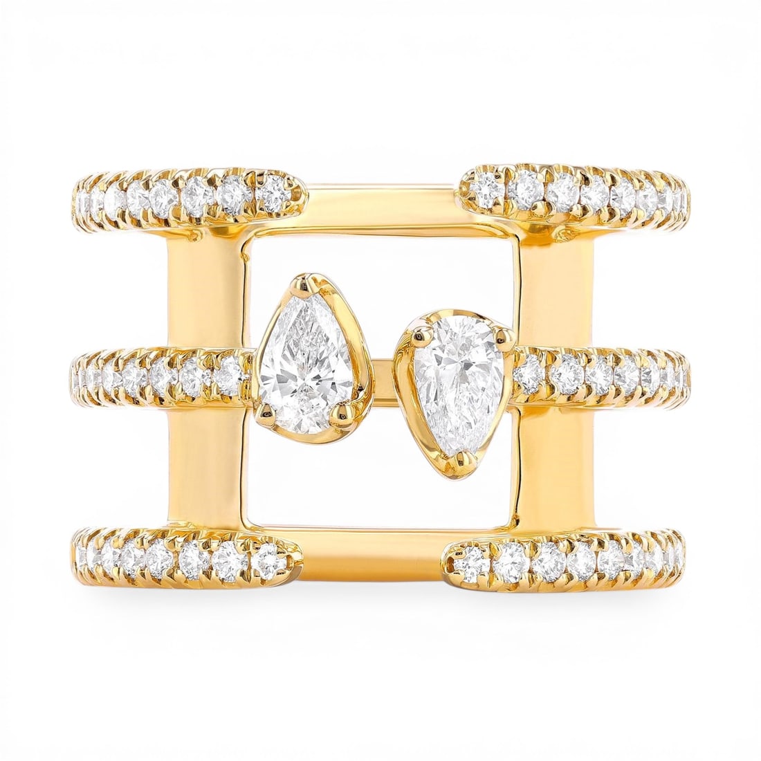 0.92 ctw Diamond Paradox Open 3 Row 18K Yellow Gold Ring: Rare and radiant, this magnificent Open 3 Row ring featuring White Diamond offers a touch of the extraordinary. Crafted with precision, the Bypass setting is seamlessly integrated into 10.25 grams of 