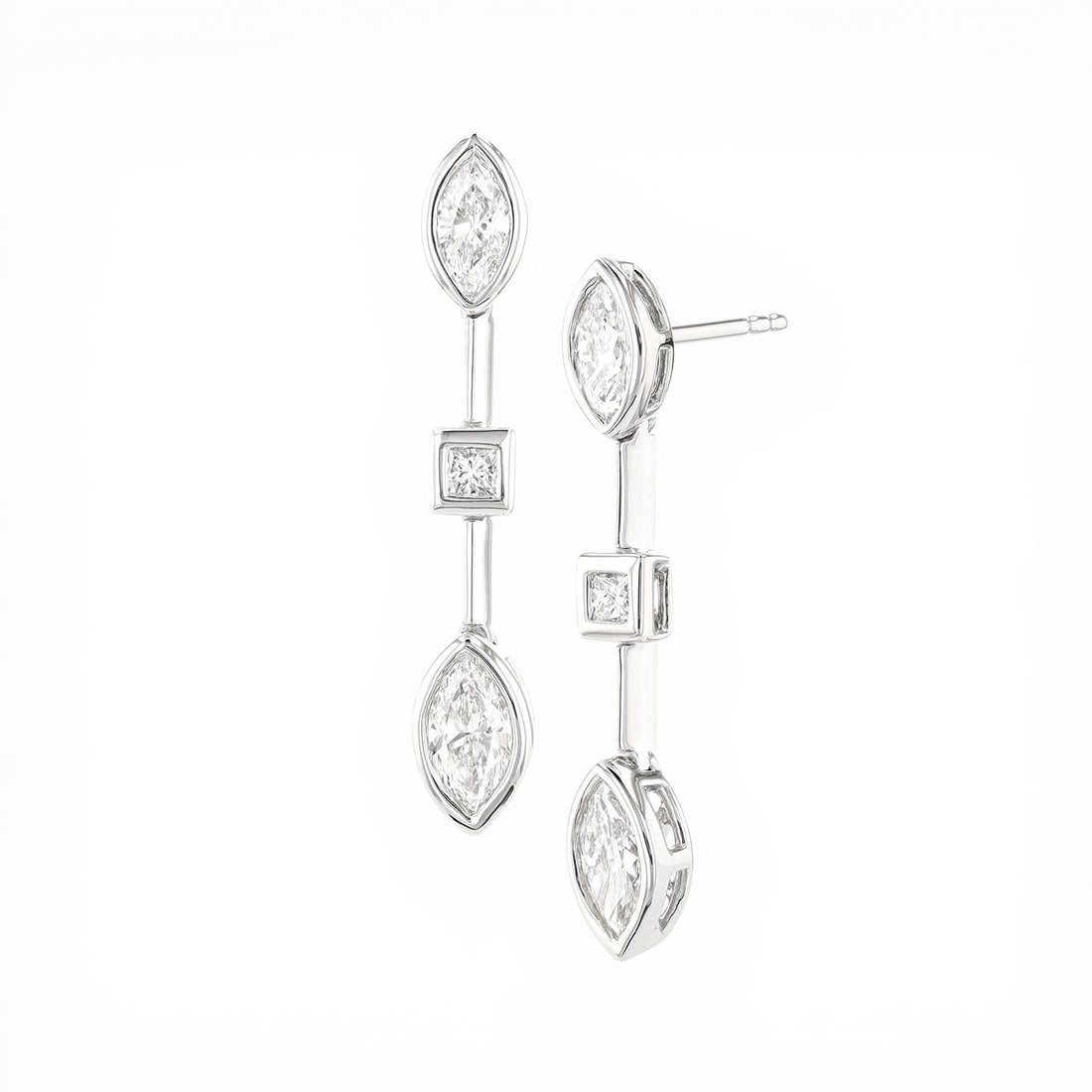 1.12 ctw Marquise & Princess Diamond 18K White Gold Earrings: Captured in a moment of brilliance, this breathtaking Duchess Bar pair of earrings featuring Natural Diamonds speaks to the connoisseur. Securely held in a classic Bezel design, the earrings are forge